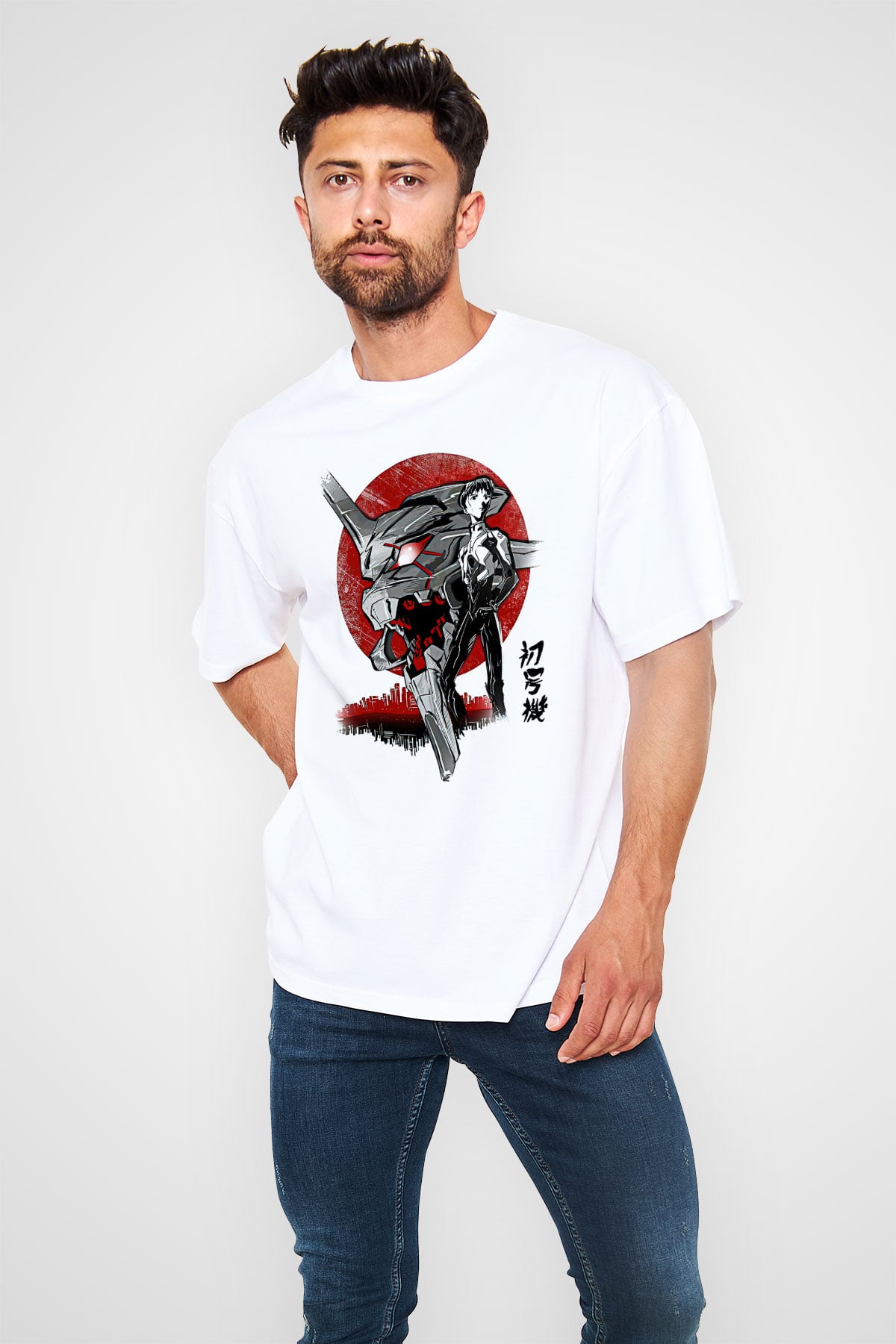 Evangelion Baskılı Beyaz Unisex Oversize Tişört - Tshirt