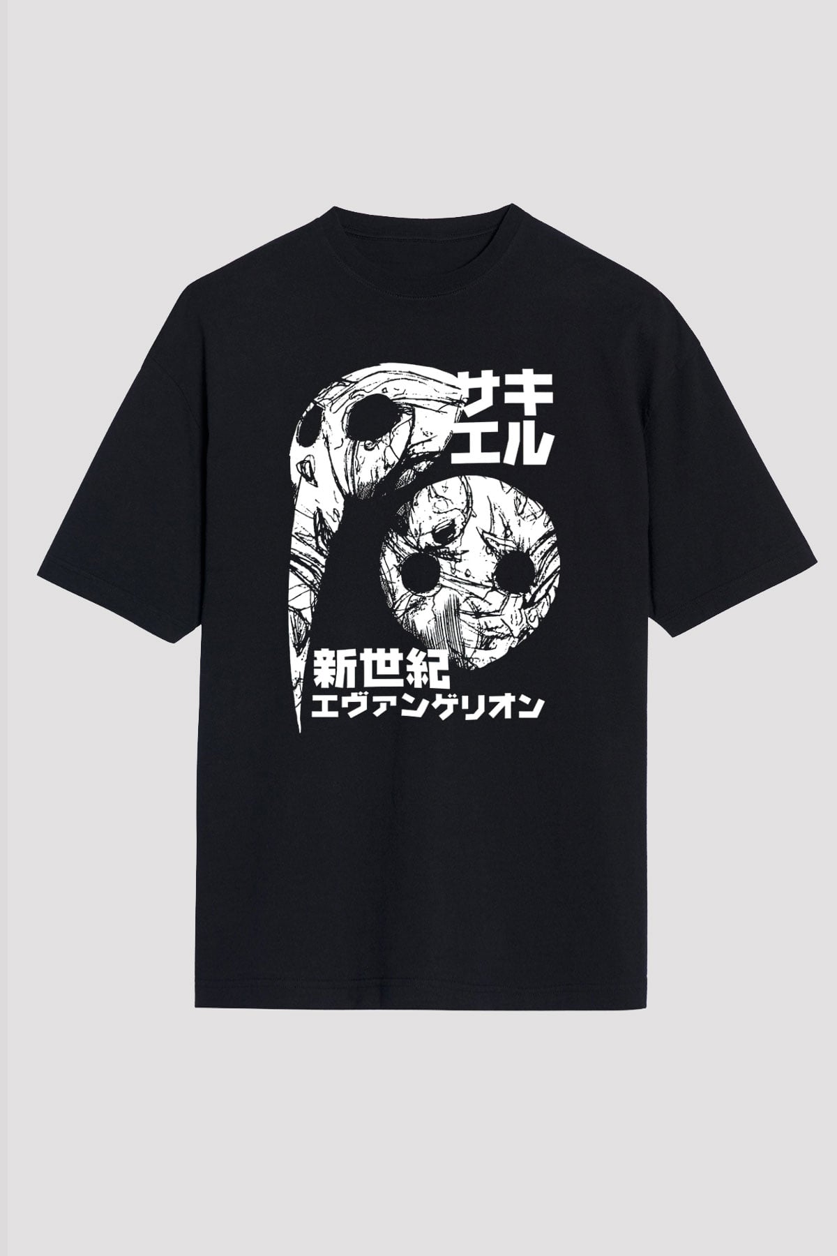 Evangelion Baskılı Unisex Siyah Oversize Tişört - Tshirt