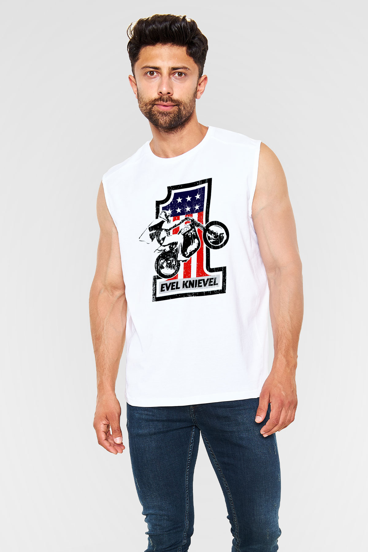 Evel Knievel Beyaz Unisex  Kolsuz Tişört