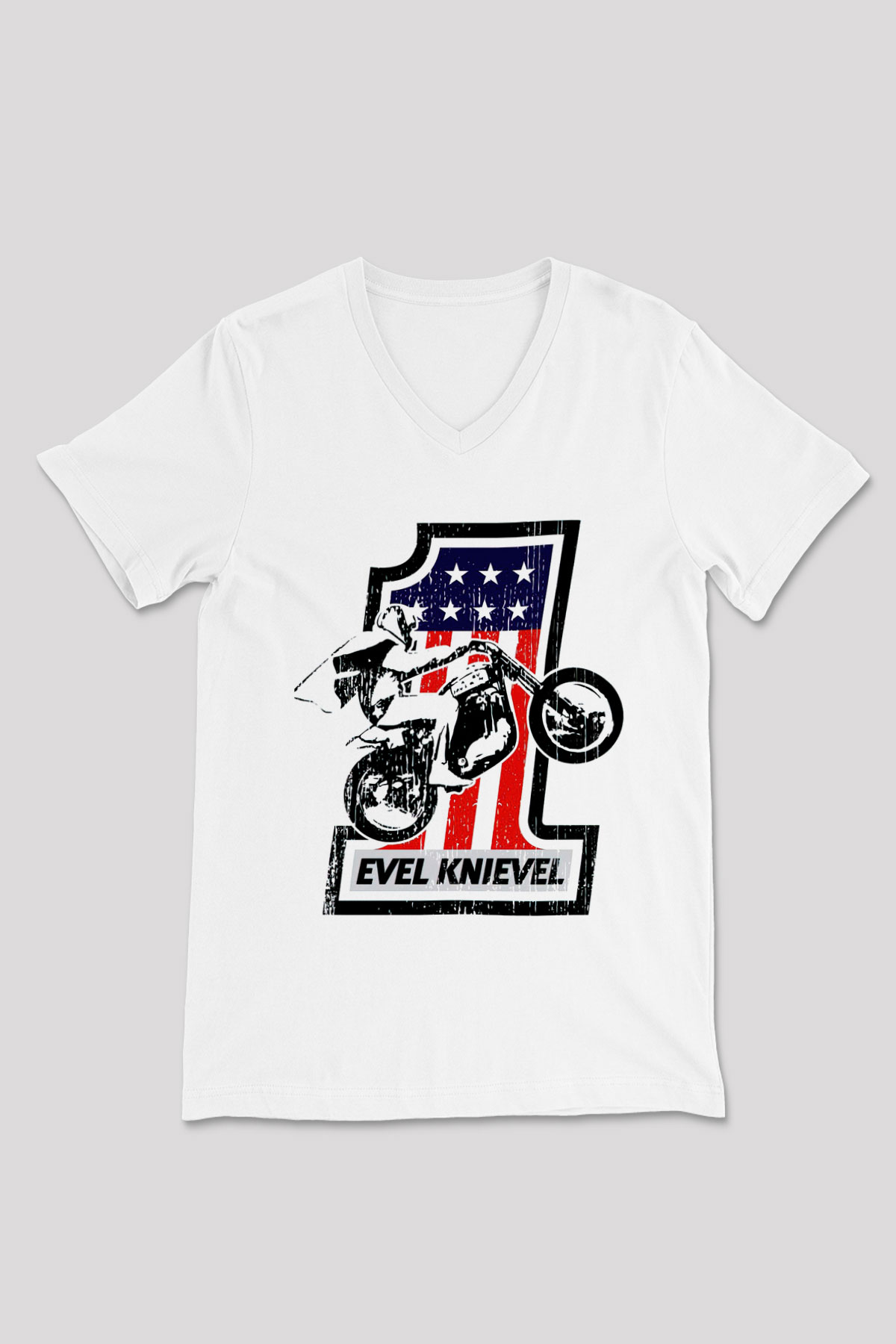 Evel Knievel Beyaz Unisex  V Yaka Tişört