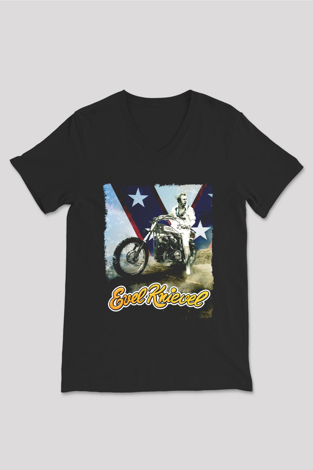 Evel Knievel Siyah Unisex  V Yaka Tişört