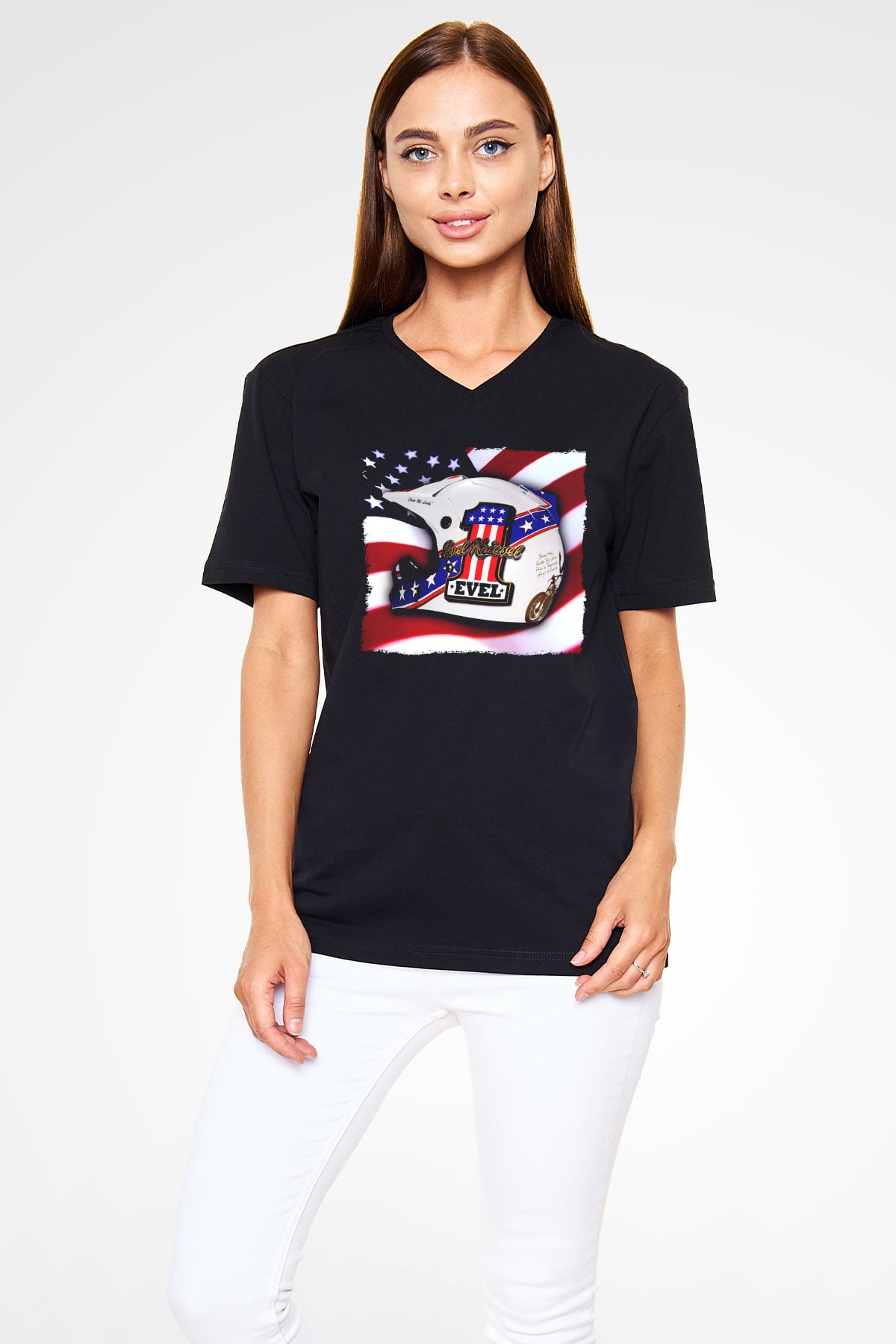 Evel Knievel Siyah Unisex  V Yaka Tişört
