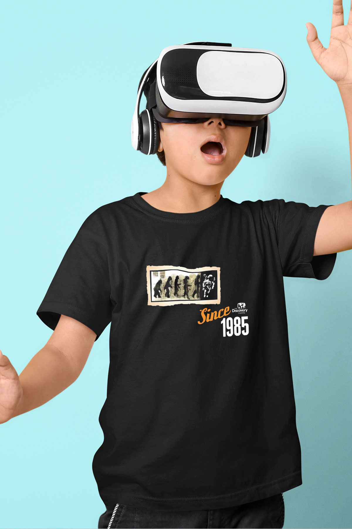 Evrim Astronot Baskılı Unisex Siyah Çocuk Tişörtü - Tshirt