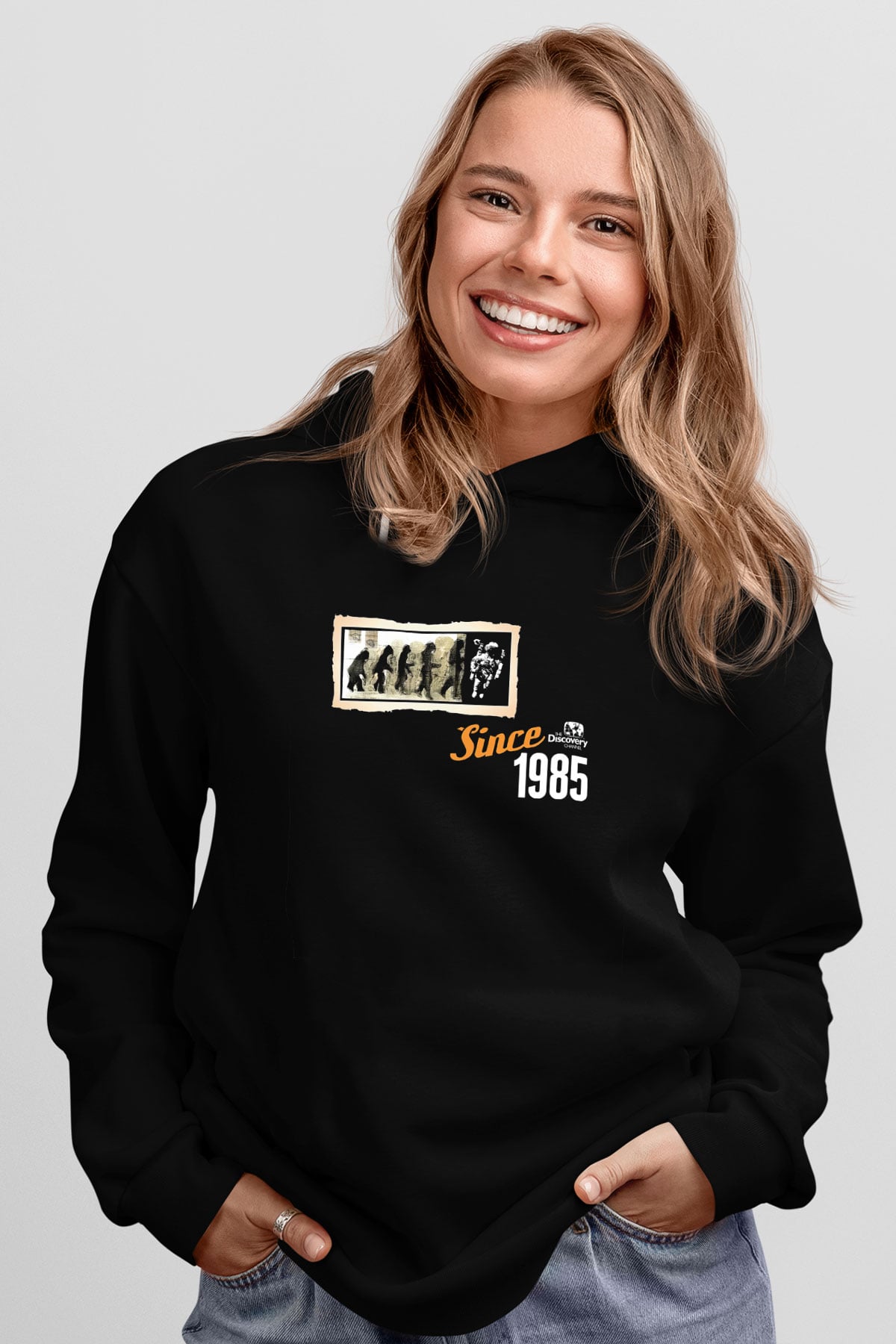 Evrim Astronot Baskılı Unisex Siyah Hoodie