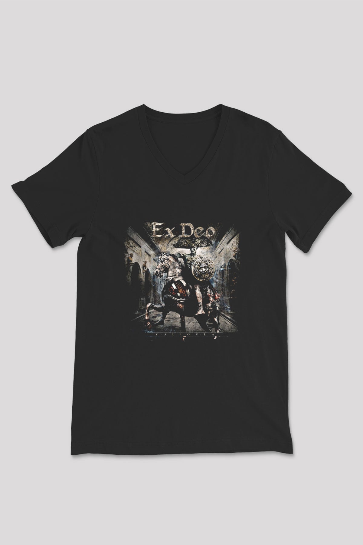Ex Deo Baskılı Unisex Siyah V Yaka Tişört