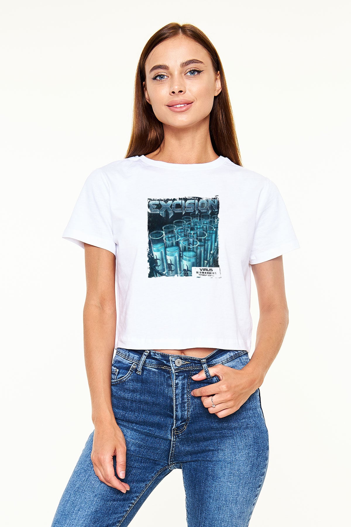 Excision Baskılı Beyaz Kadın Crop Top Tişört