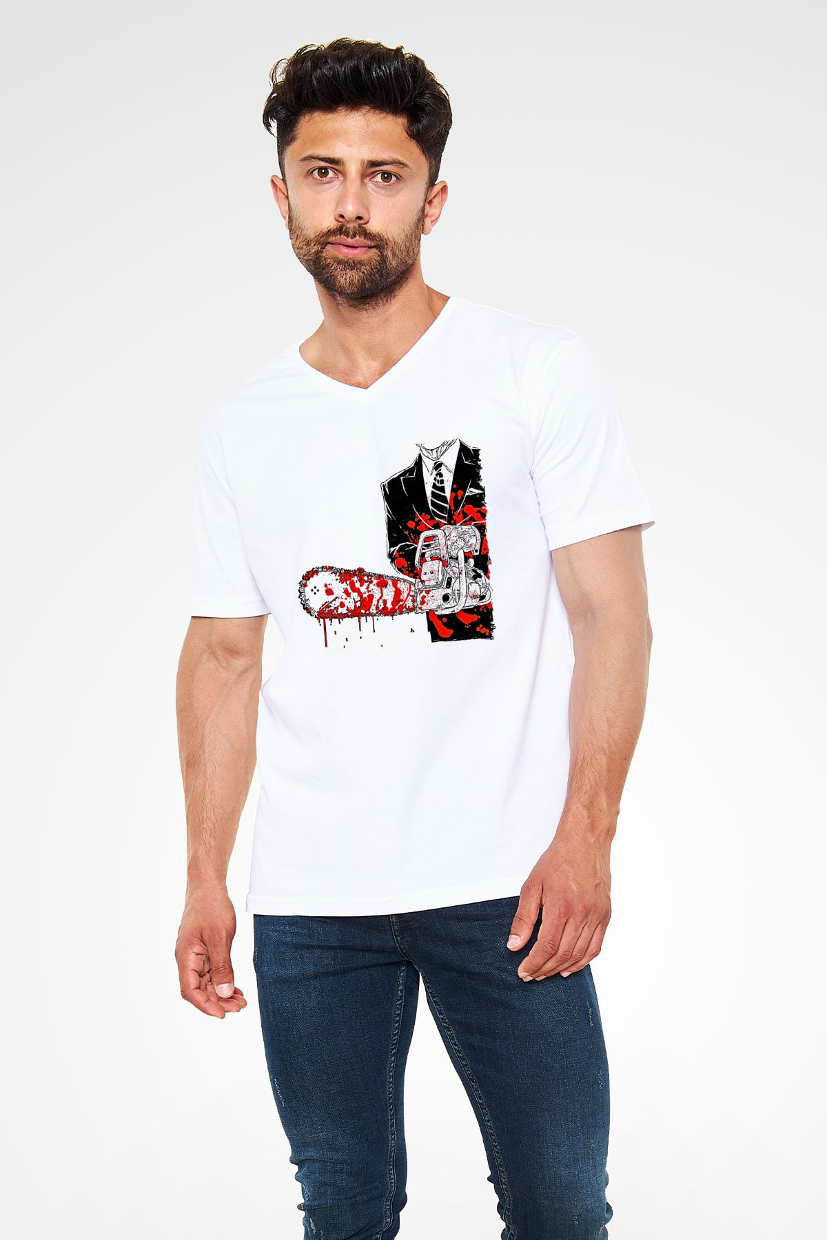 Exhumed Baskılı Beyaz Unisex V Yaka Tişört - Tshirt