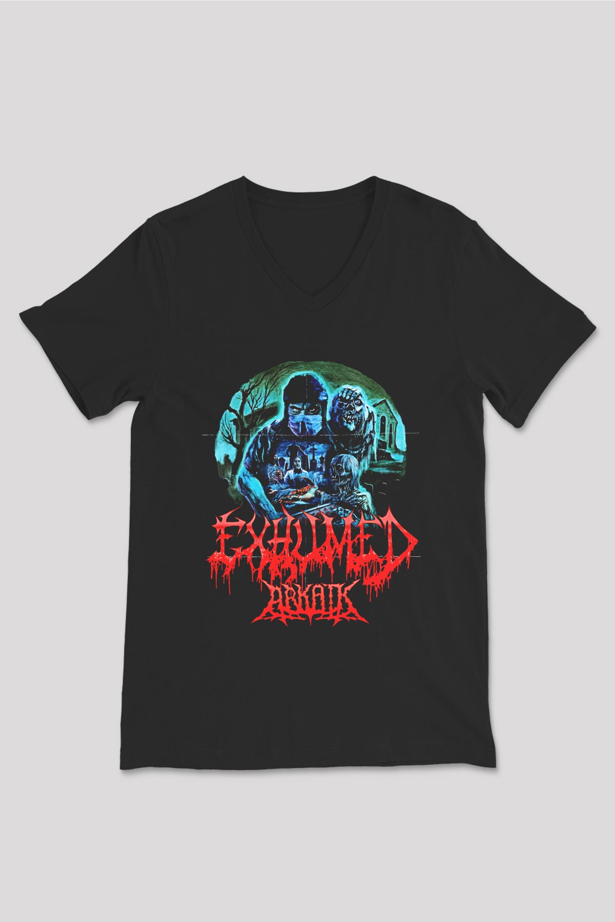 Exhumed Baskılı Unisex Siyah V Yaka Tişört - Tshirt