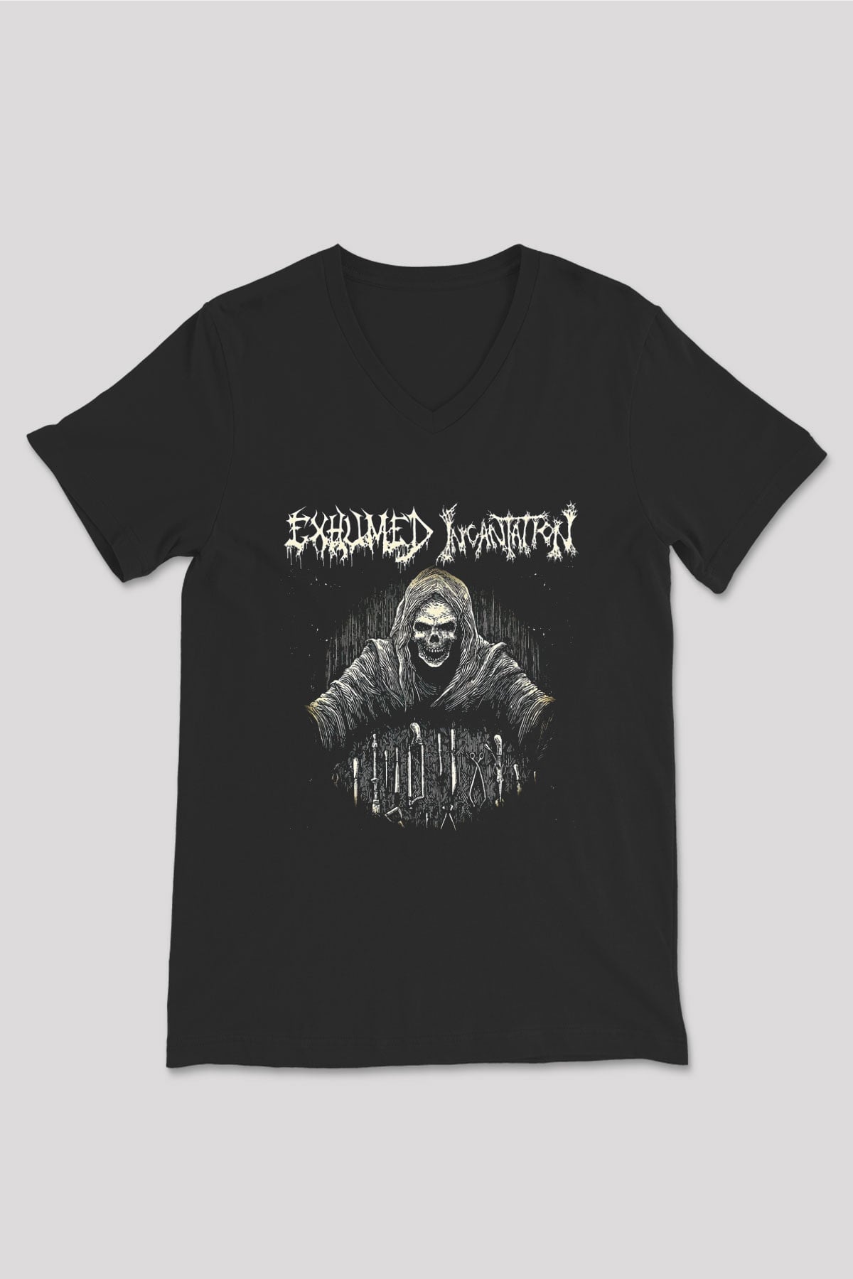 Exhumed Baskılı Unisex Siyah V Yaka Tişört - Tshirt