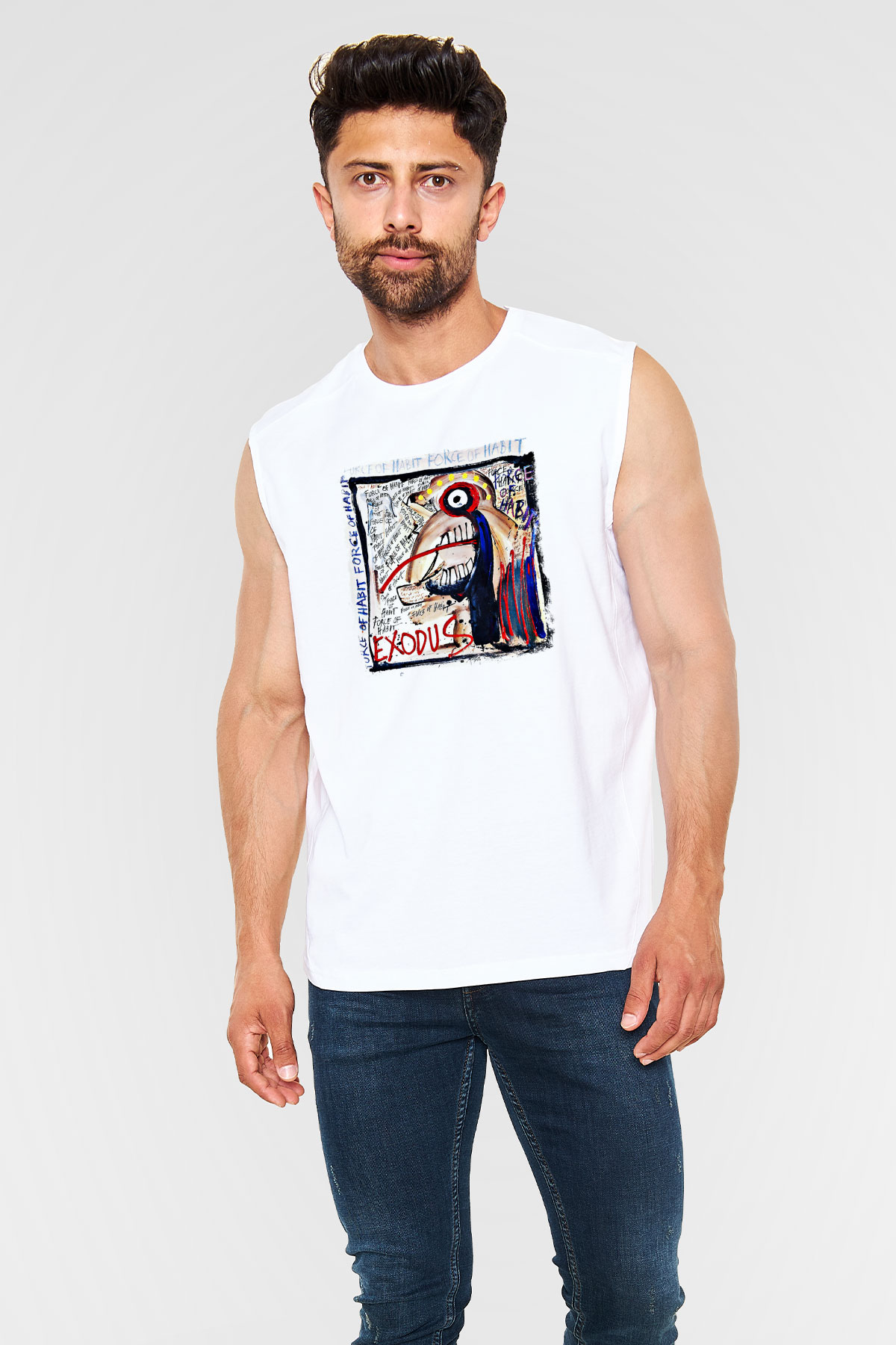 Exodus Baskılı Unisex Beyaz Kolsuz Tişört
