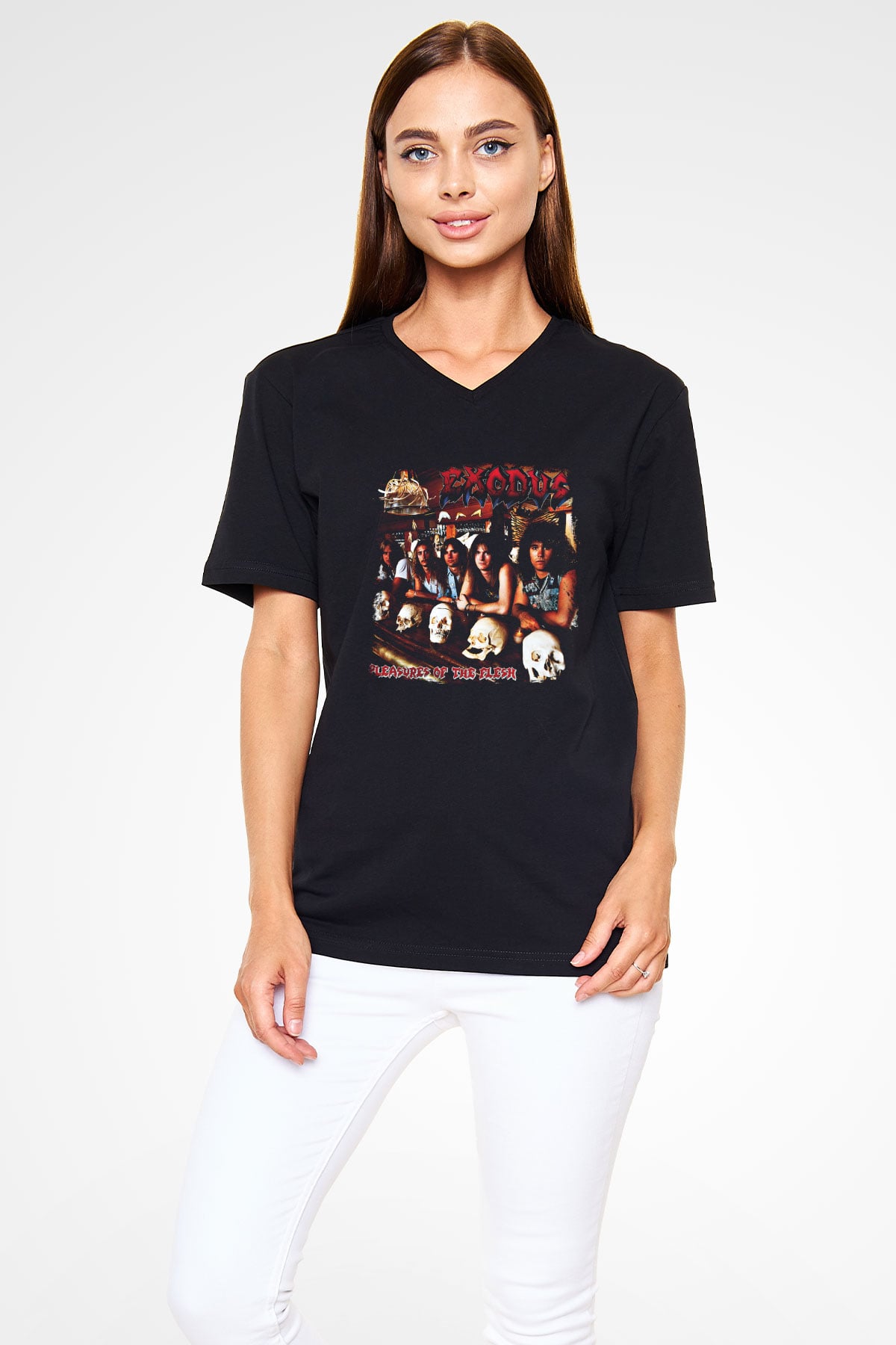 Exodus Baskılı Unisex Siyah V Yaka Tişört
