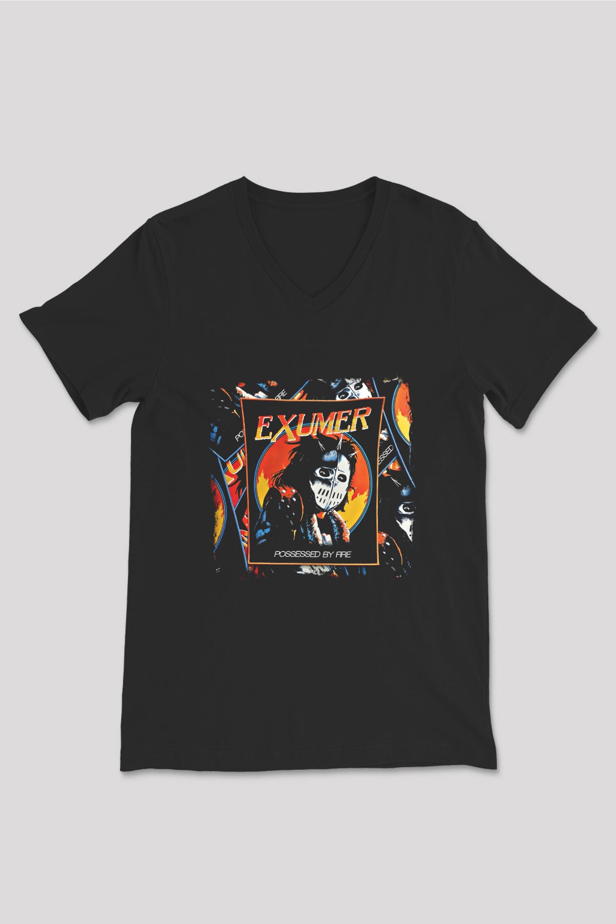 Exumer Baskılı Unisex Siyah V Yaka Tişört
