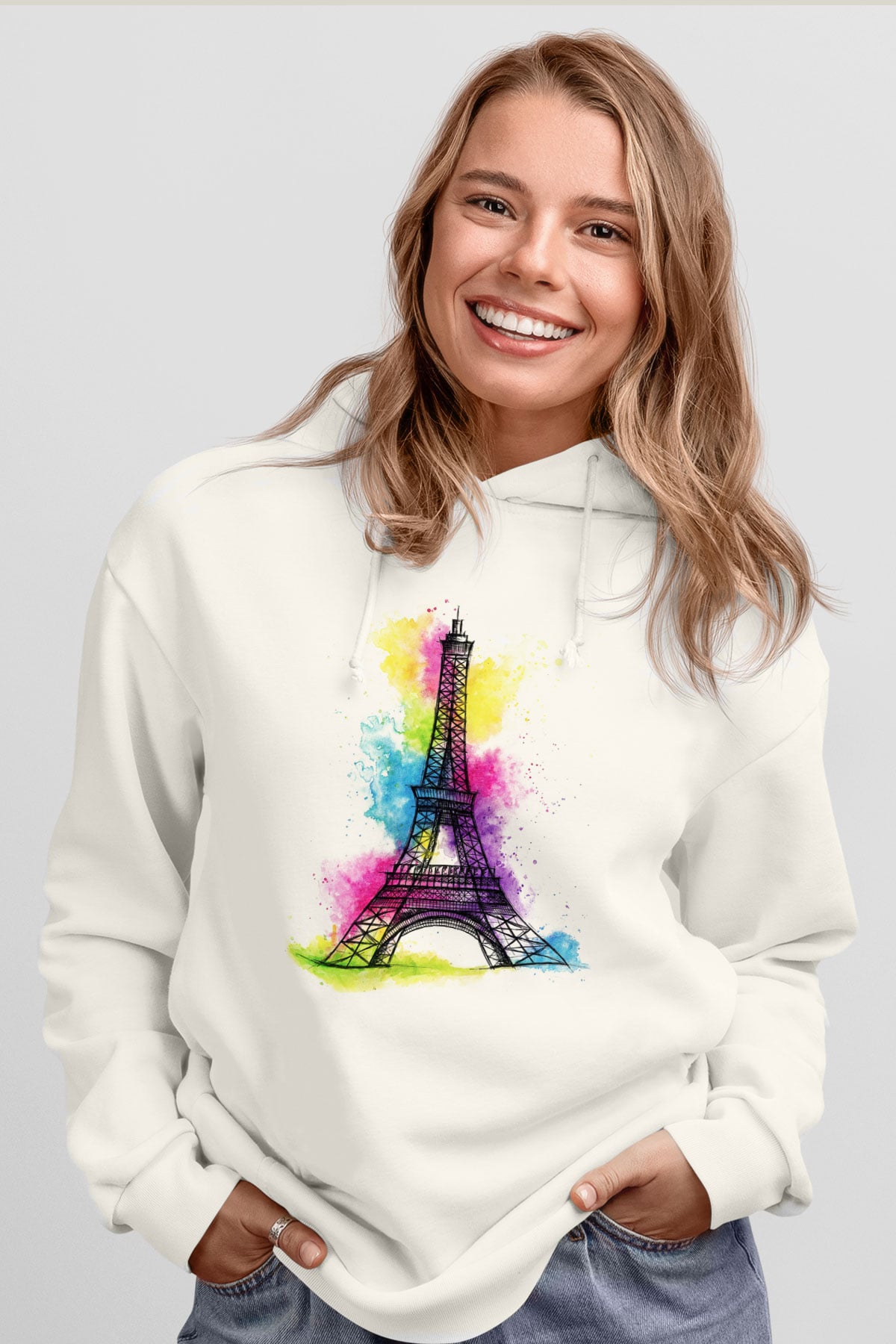Eyfel Kulesi Beyaz Unisex Kapşonlu Sweatshirt