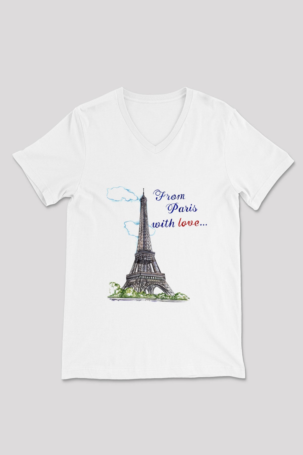 Eyfel Kulesi Beyaz Unisex V Yaka Tişört T-Shirt
