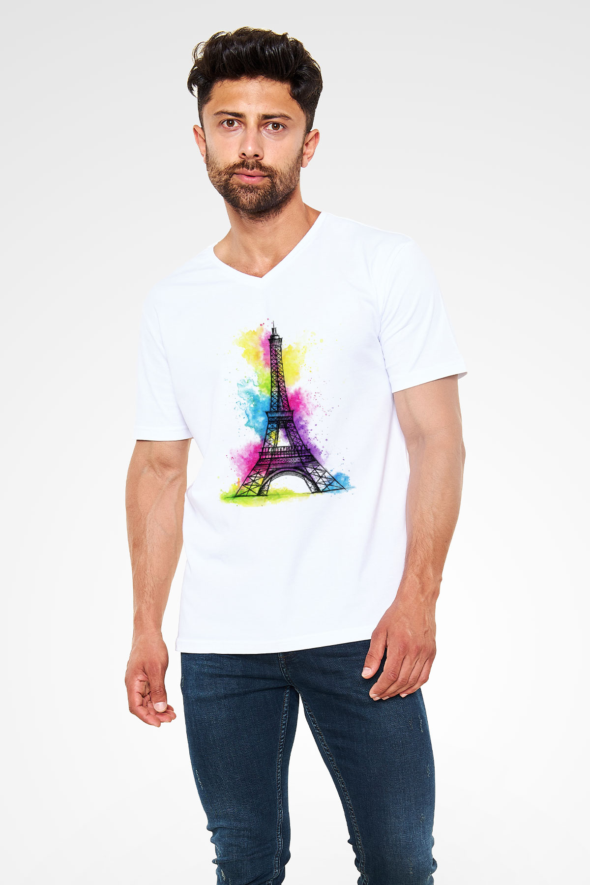 Eyfel Kulesi Beyaz Unisex V Yaka Tişört T-Shirt