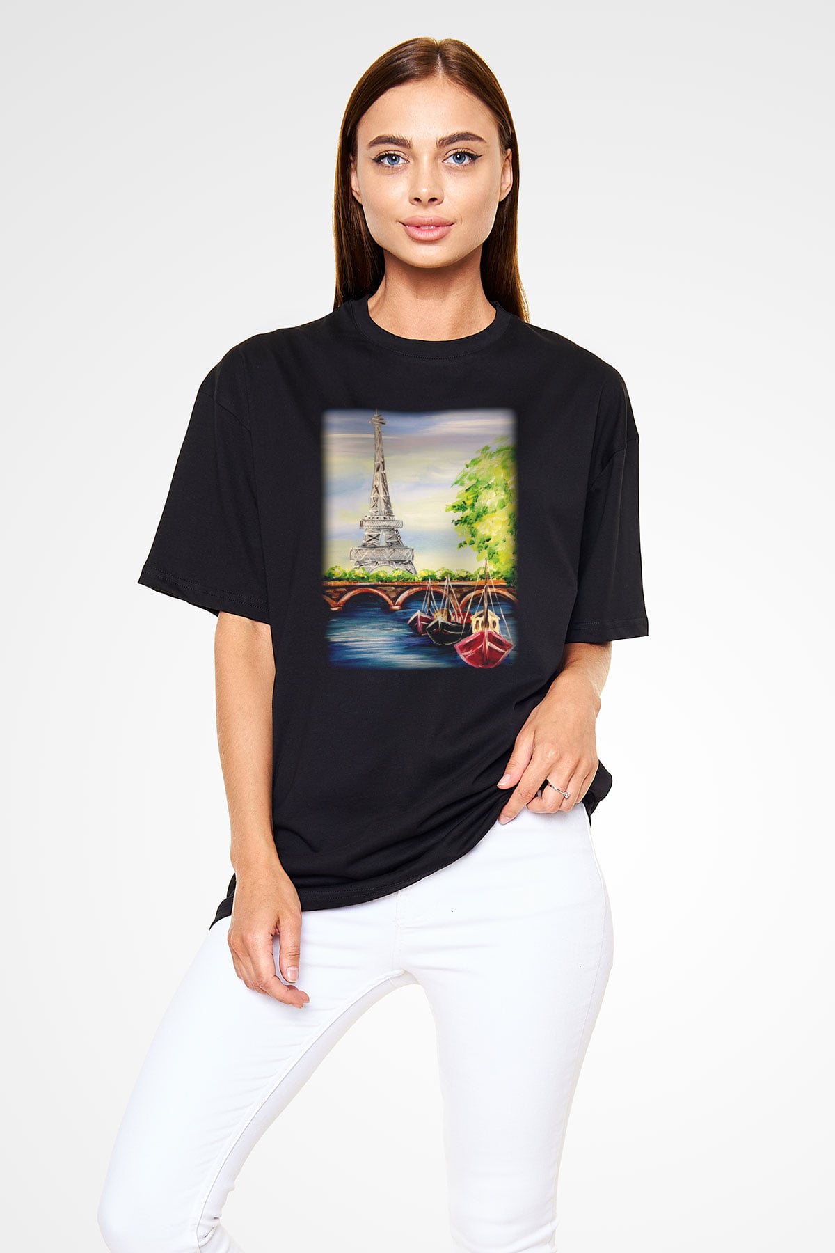 Eyfel Kulesi Siyah Unisex Oversize Tişört T-Shirt