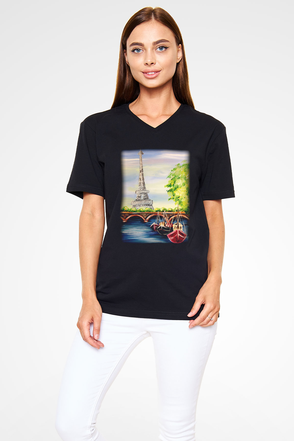 Eyfel Kulesi Siyah Unisex V Yaka Tişört T-Shirt
