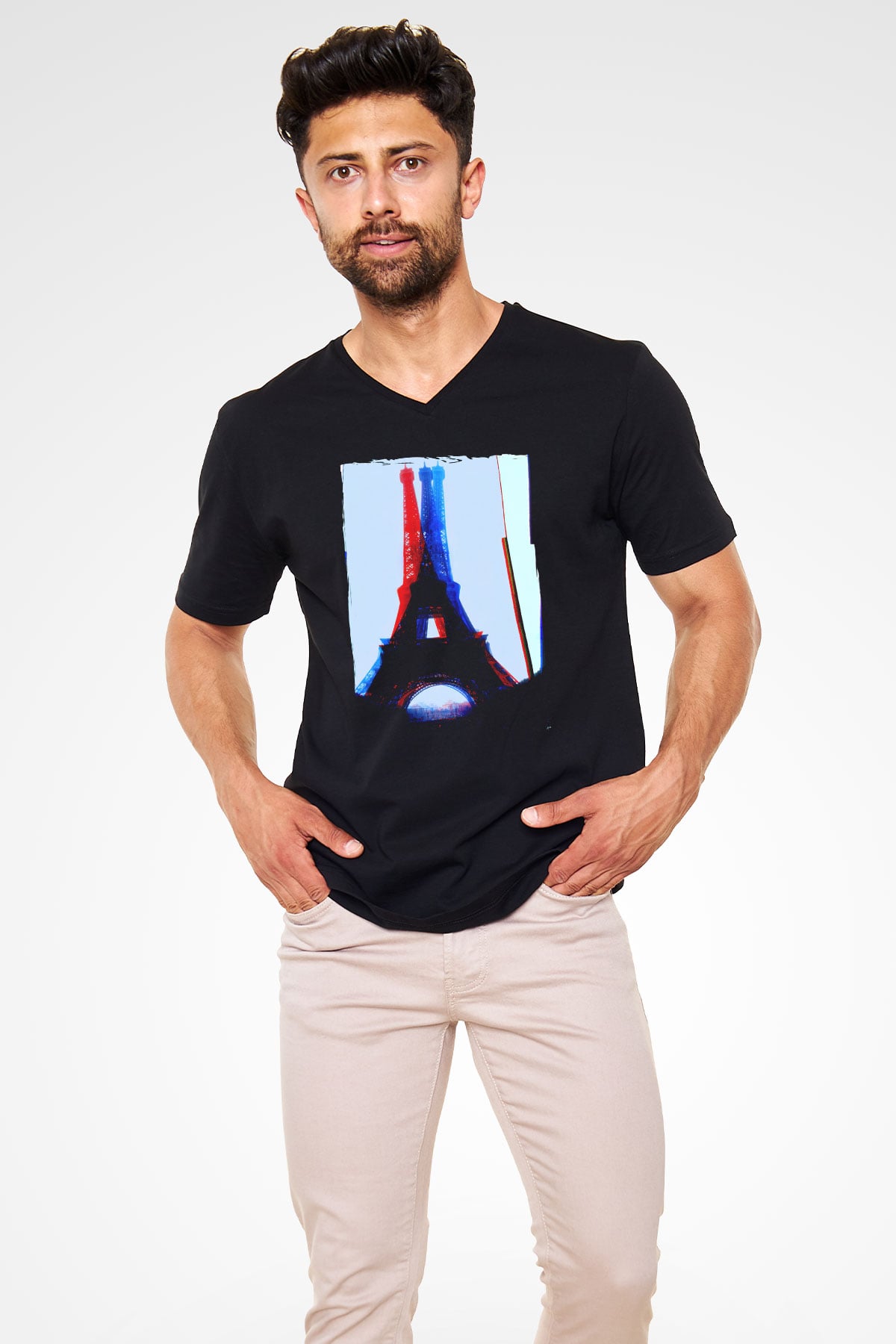 Eyfel Kulesi Siyah Unisex V Yaka Tişört