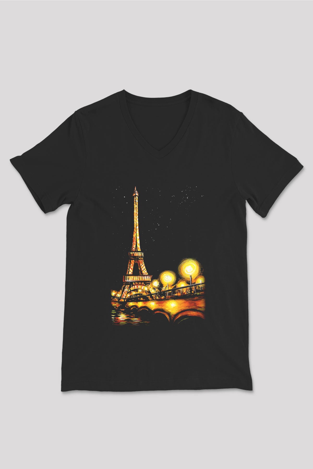 Eyfel Kulesi Siyah Unisex V Yaka Tişört T-Shirt