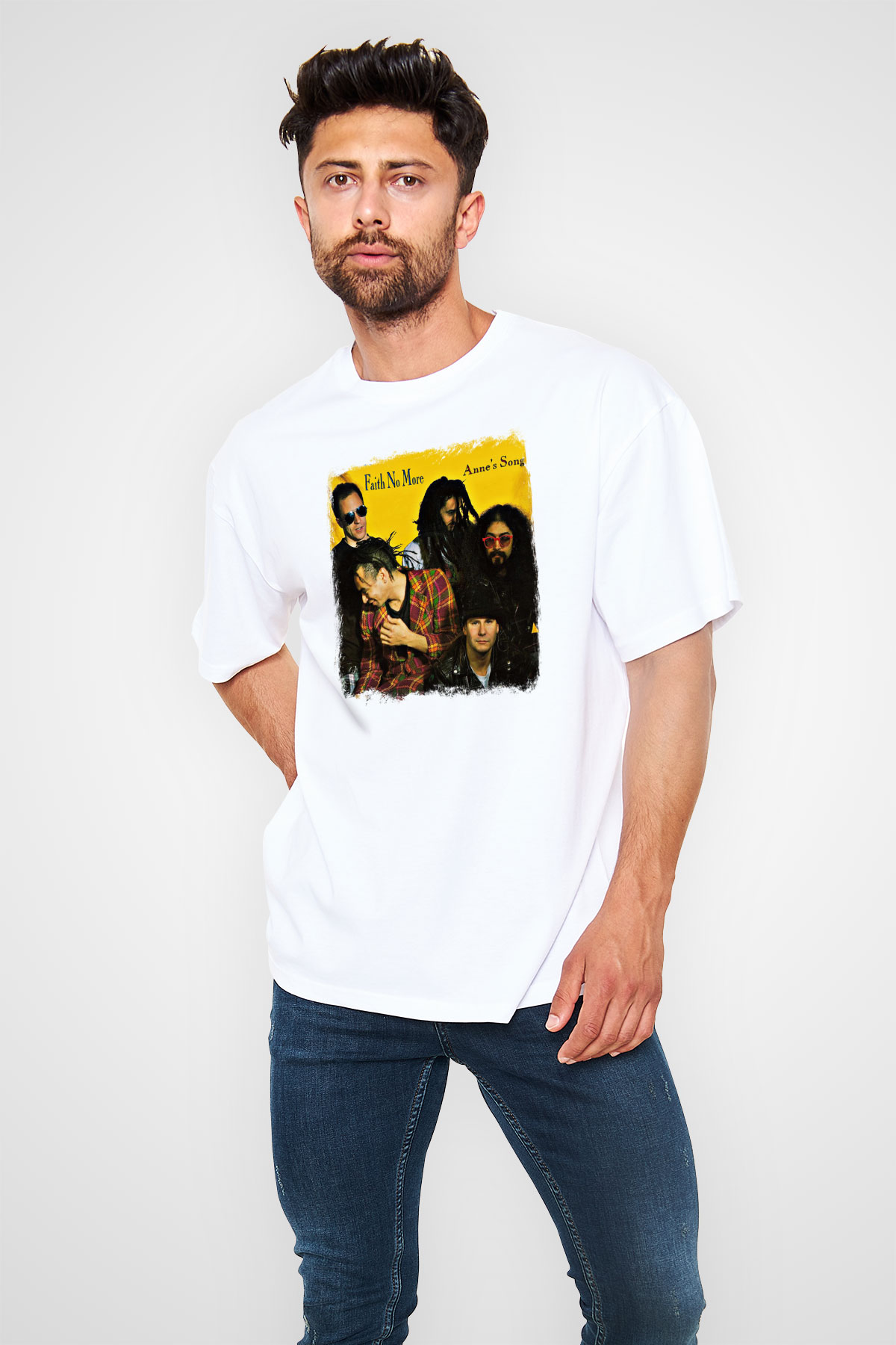 Faith No More Baskılı Unisex Beyaz Oversize Tişört