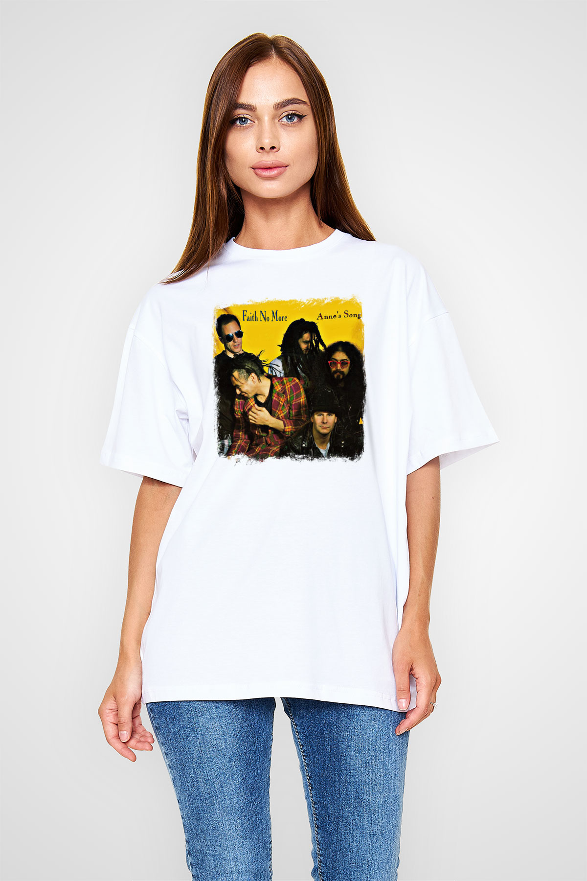 Faith No More Baskılı Unisex Beyaz Oversize Tişört