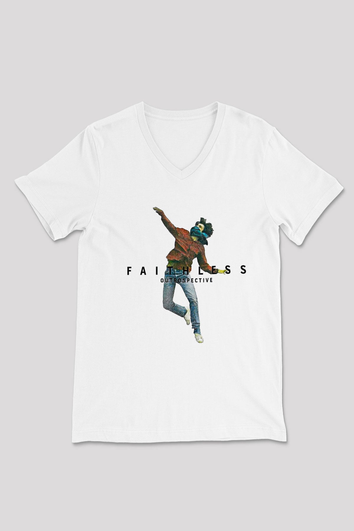 Faithless Baskılı Beyaz Unisex V Yaka Tişört - Tshirt