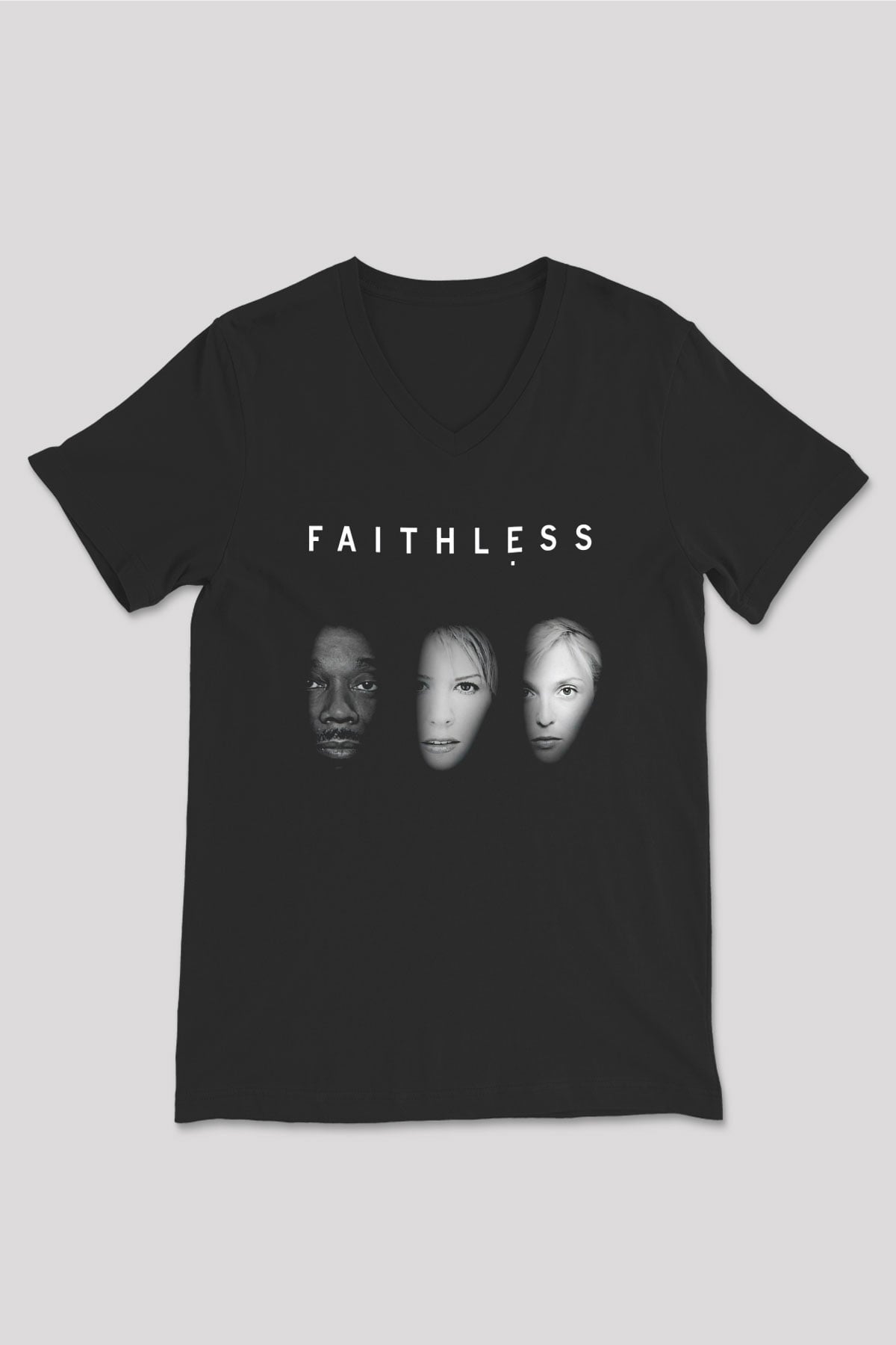 Faithless Baskılı Unisex Siyah V Yaka Tişört - Tshirt