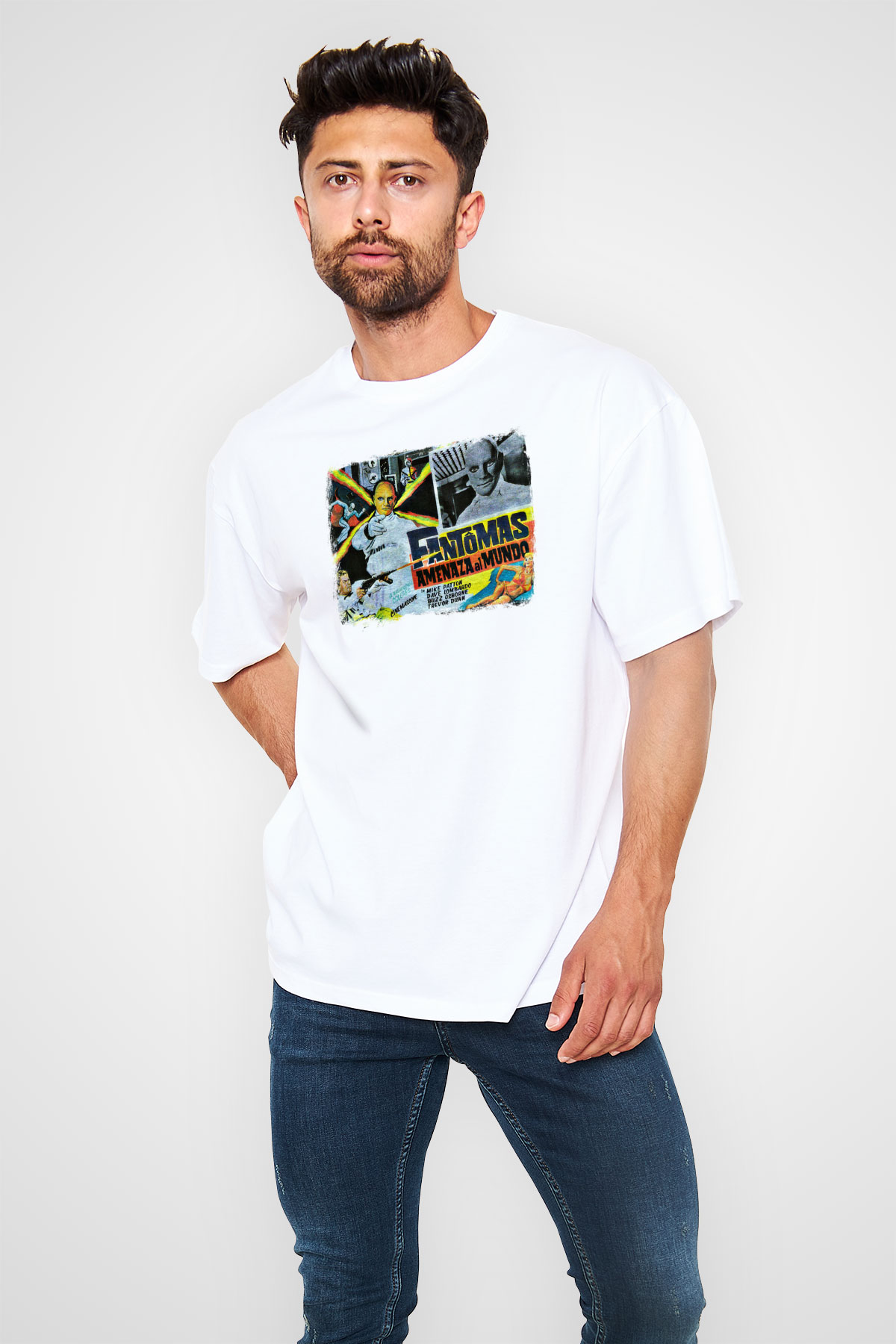 Fantomas Baskılı Unisex Beyaz Oversize Tişört