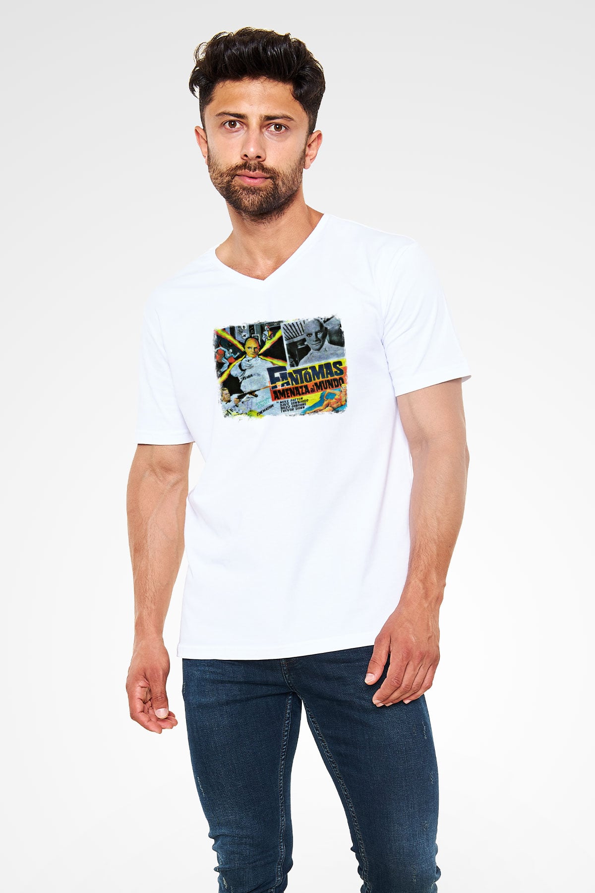 Fantomas Baskılı Unisex Beyaz V Yaka Tişört