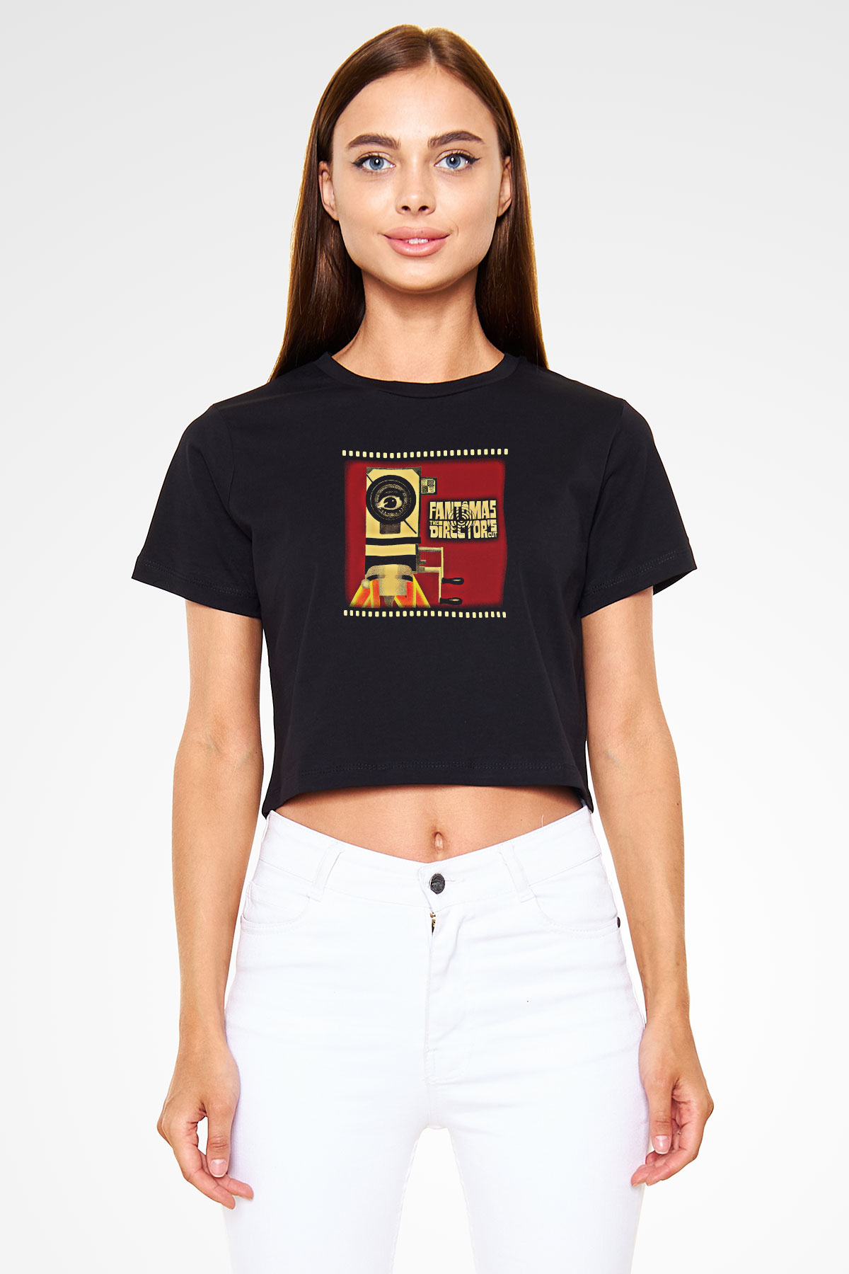 Fantomas Baskılı Unisex Siyah Crop Top Tişört