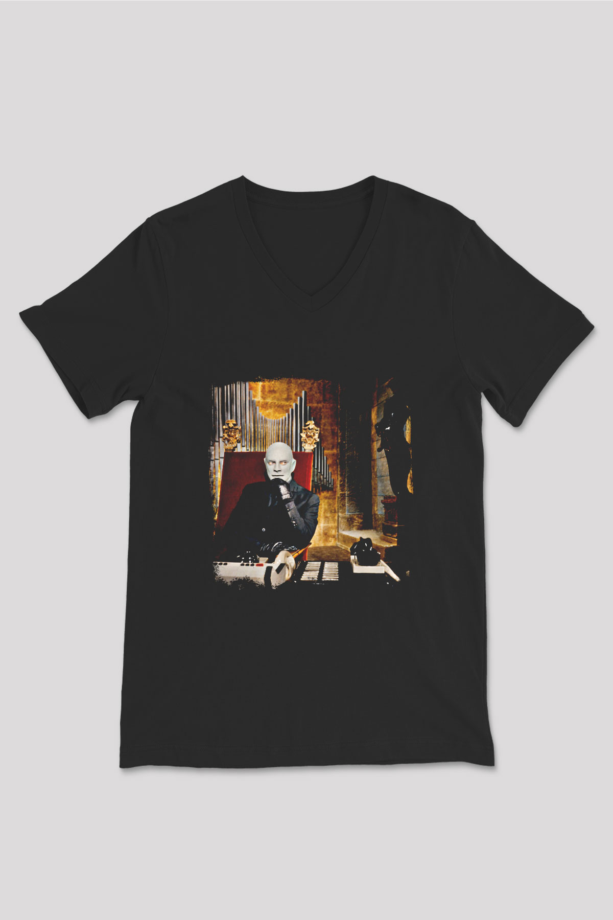 Fantomas Baskılı Unisex Siyah V Yaka Tişört