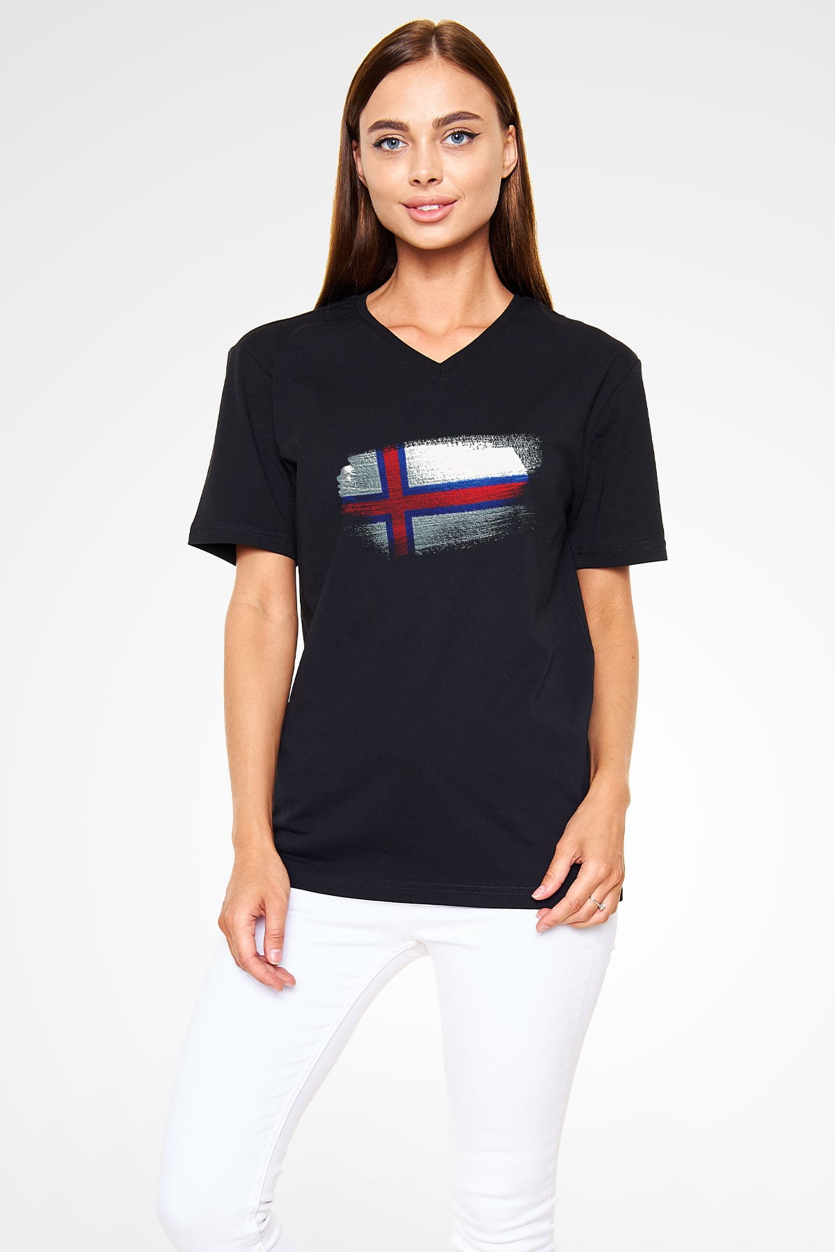 Faroe Adaları - Faroe İslands Bayrağı Baskılı Unisex Siyah V Yaka Tişört