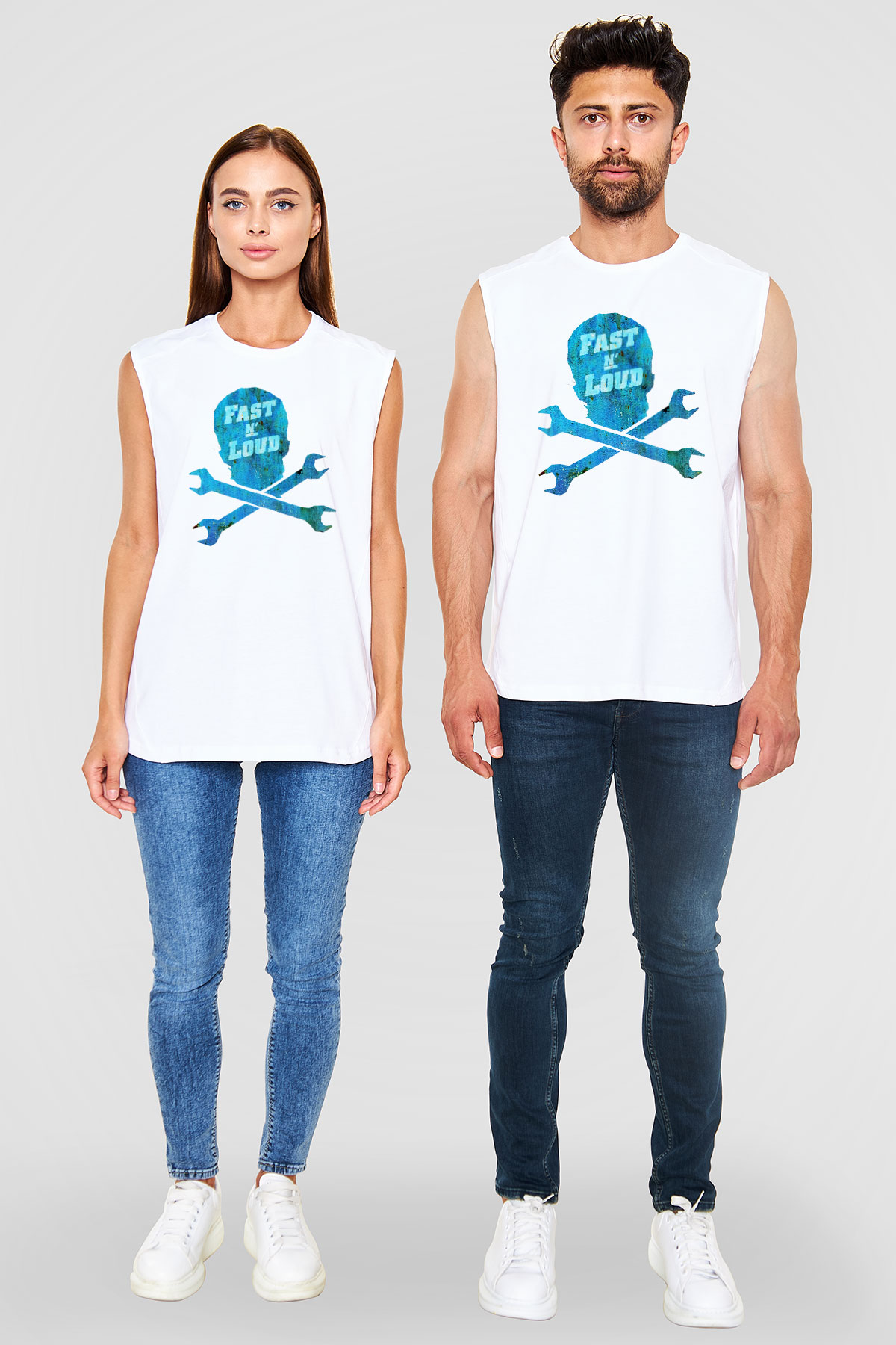 Fast N' Loud Beyaz Unisex Kolsuz Tişört