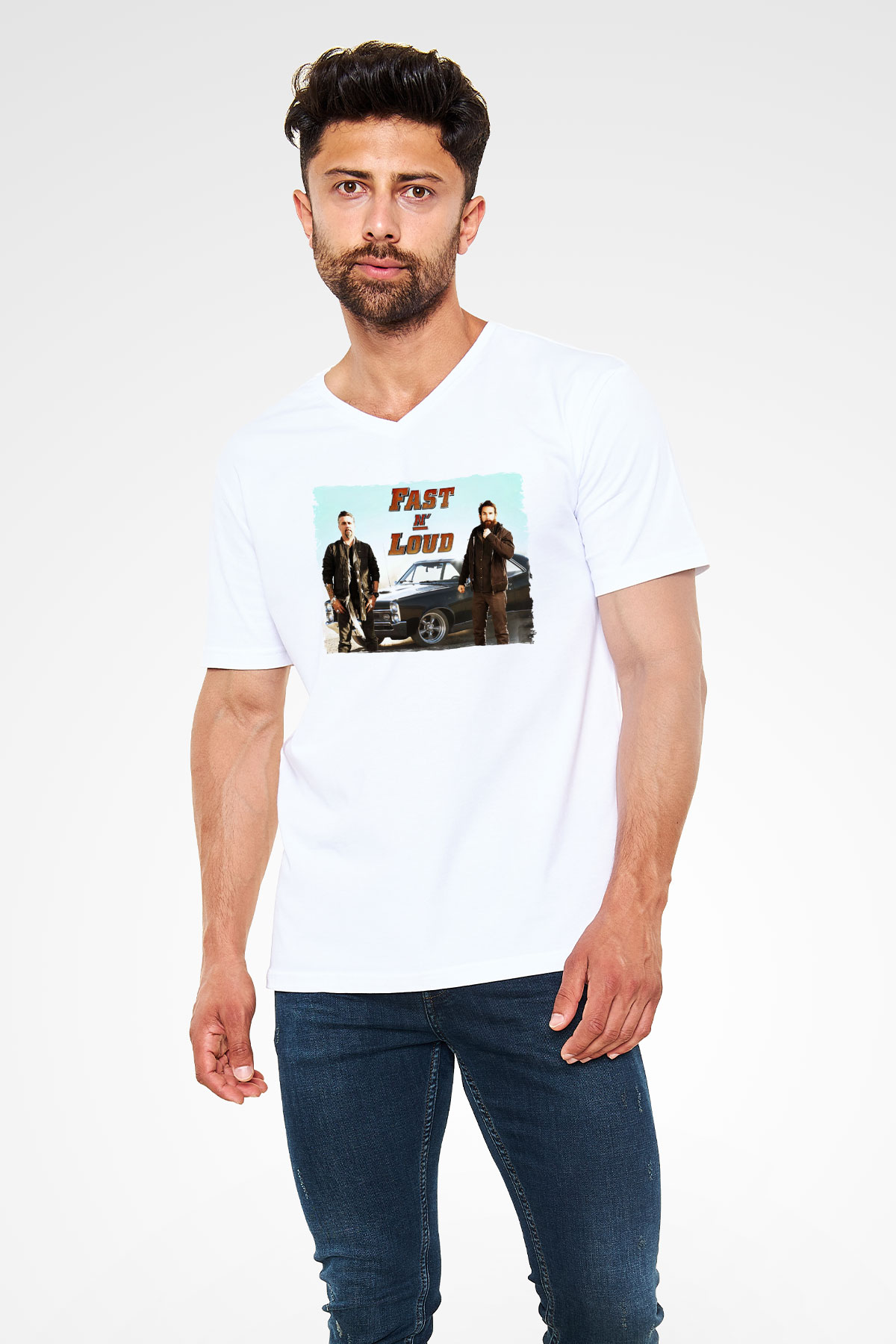 Fast N' Loud Beyaz Unisex V Yaka Tişört