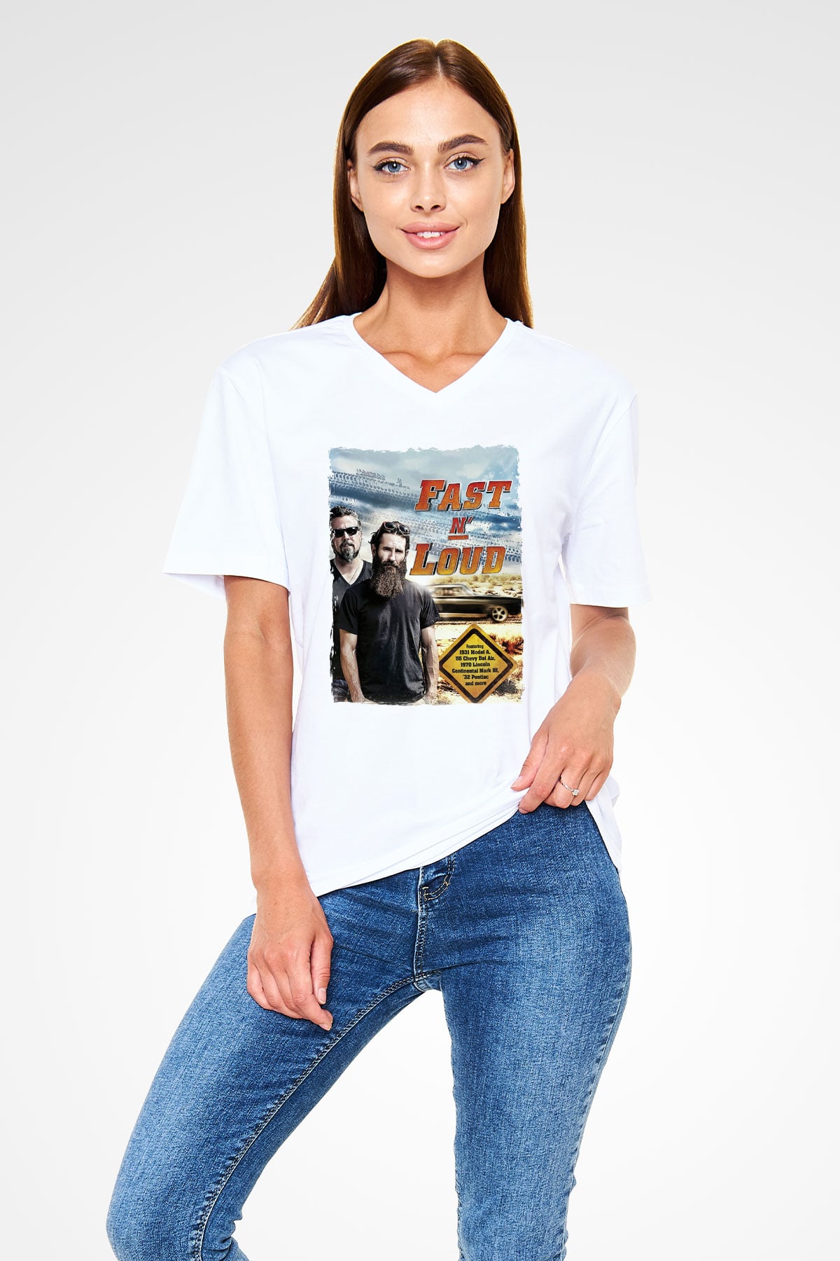 Fast N' Loud Beyaz Unisex V Yaka Tişört