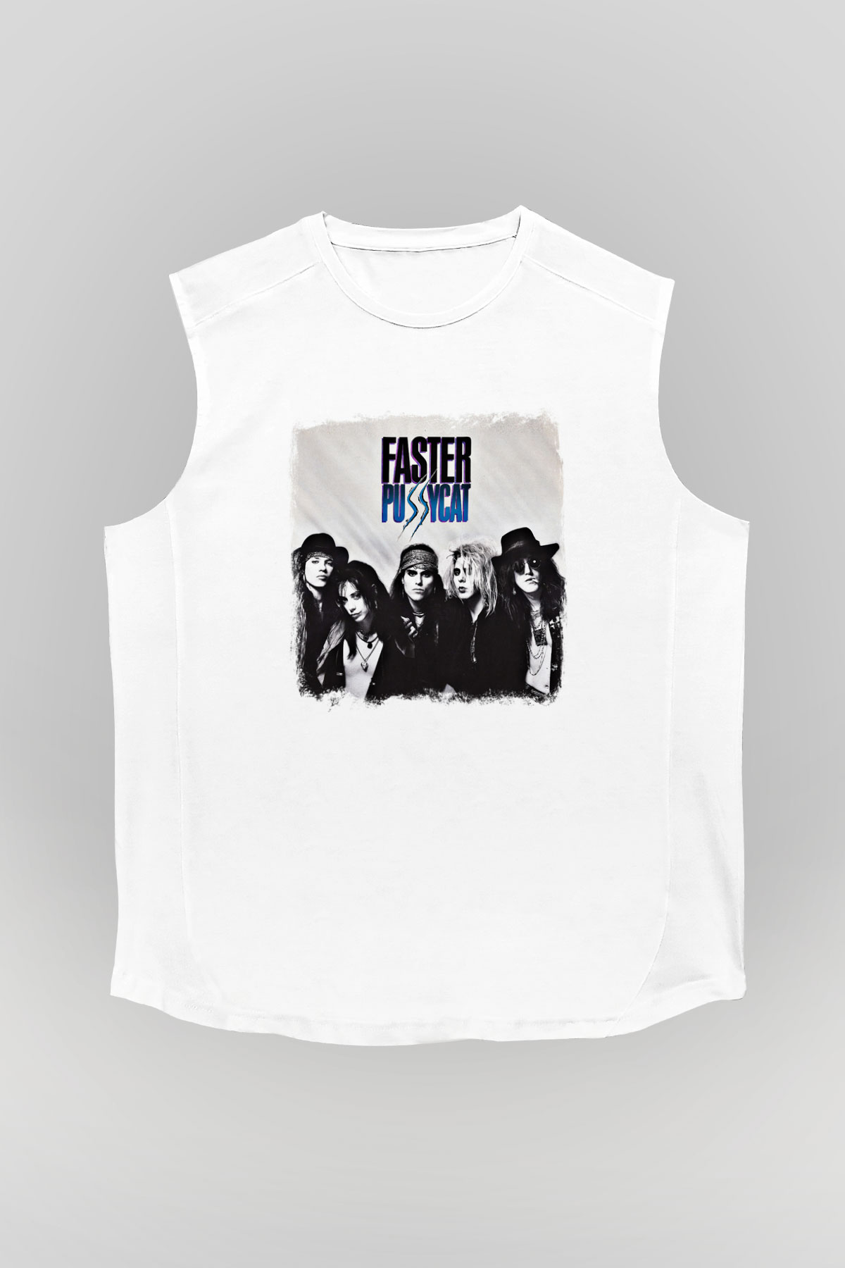 Faster Pussycat Baskılı Unisex Beyaz Kolsuz Tişört