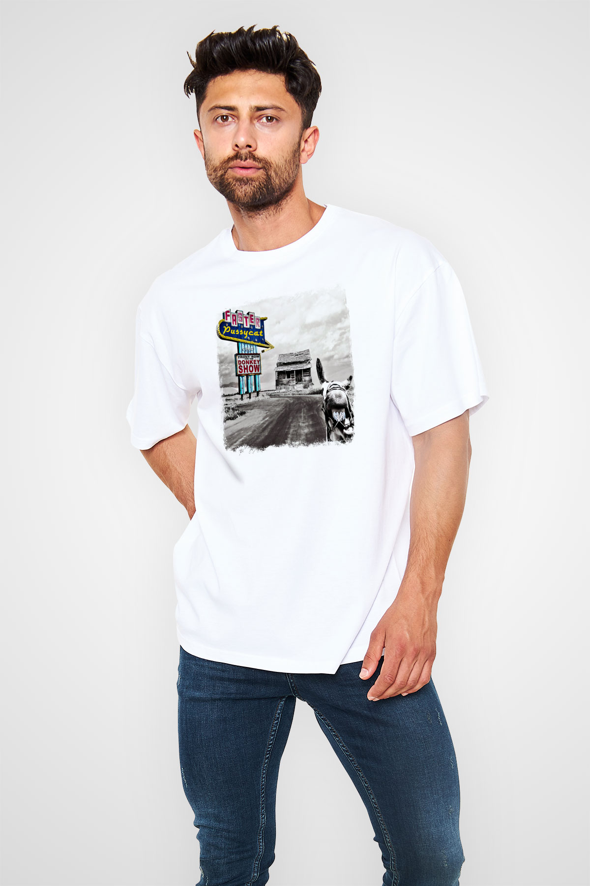 Faster Pussycat Baskılı Unisex Beyaz Oversize Tişört