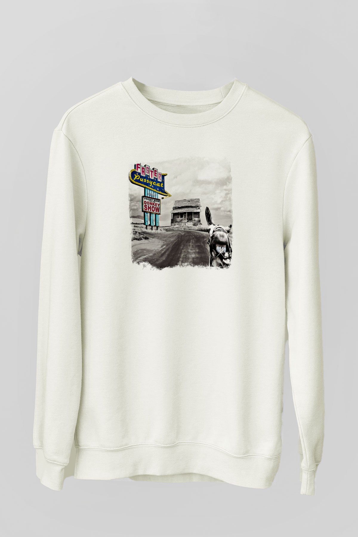 Faster Pussycat Baskılı Unisex Beyaz Sweatshirt