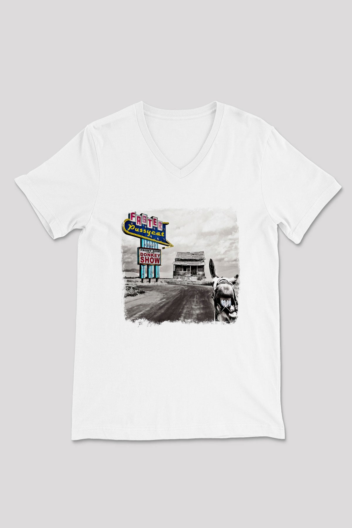 Faster Pussycat Baskılı Unisex Beyaz V Yaka Tişört