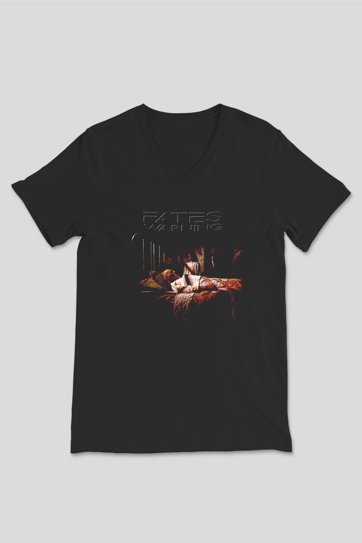Fates Warning Baskılı Unisex Siyah V Yaka Tişört - Tshirt