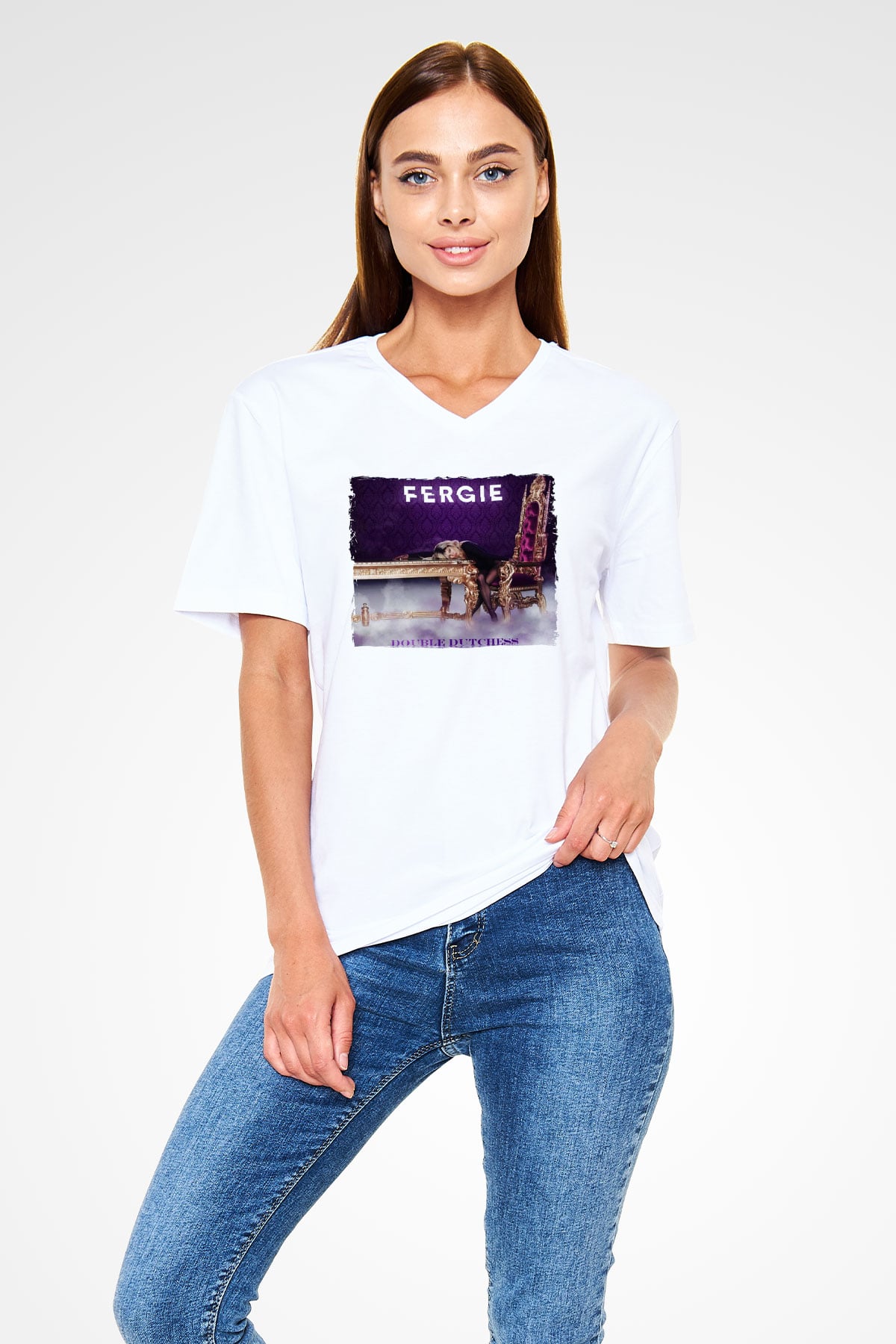 Fergie Beyaz Unisex V Yaka Tişört