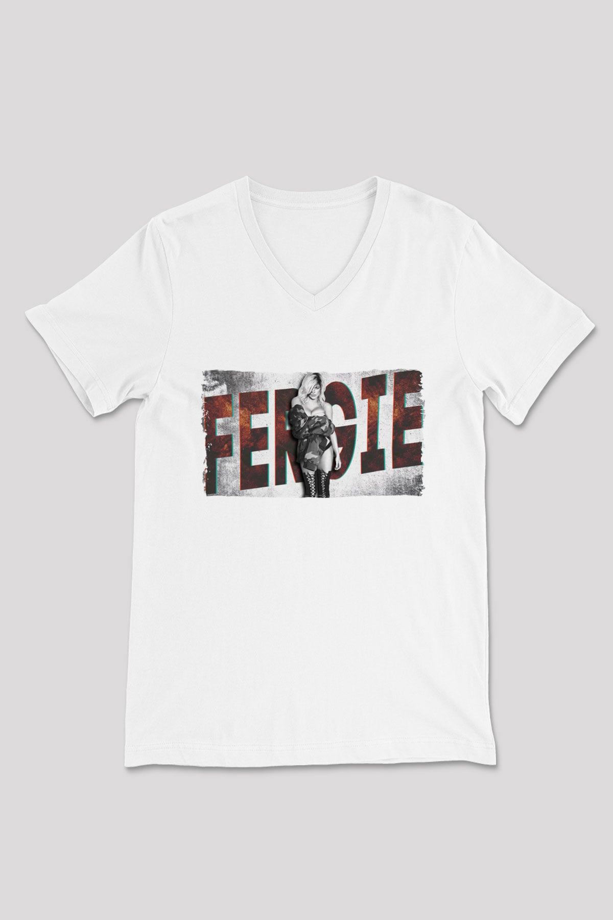 Fergie Beyaz Unisex V Yaka Tişört