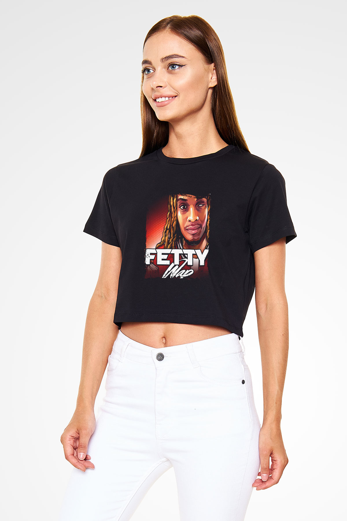 Fetty Wap Baskılı Crop Top Siyah Kadın Tişört