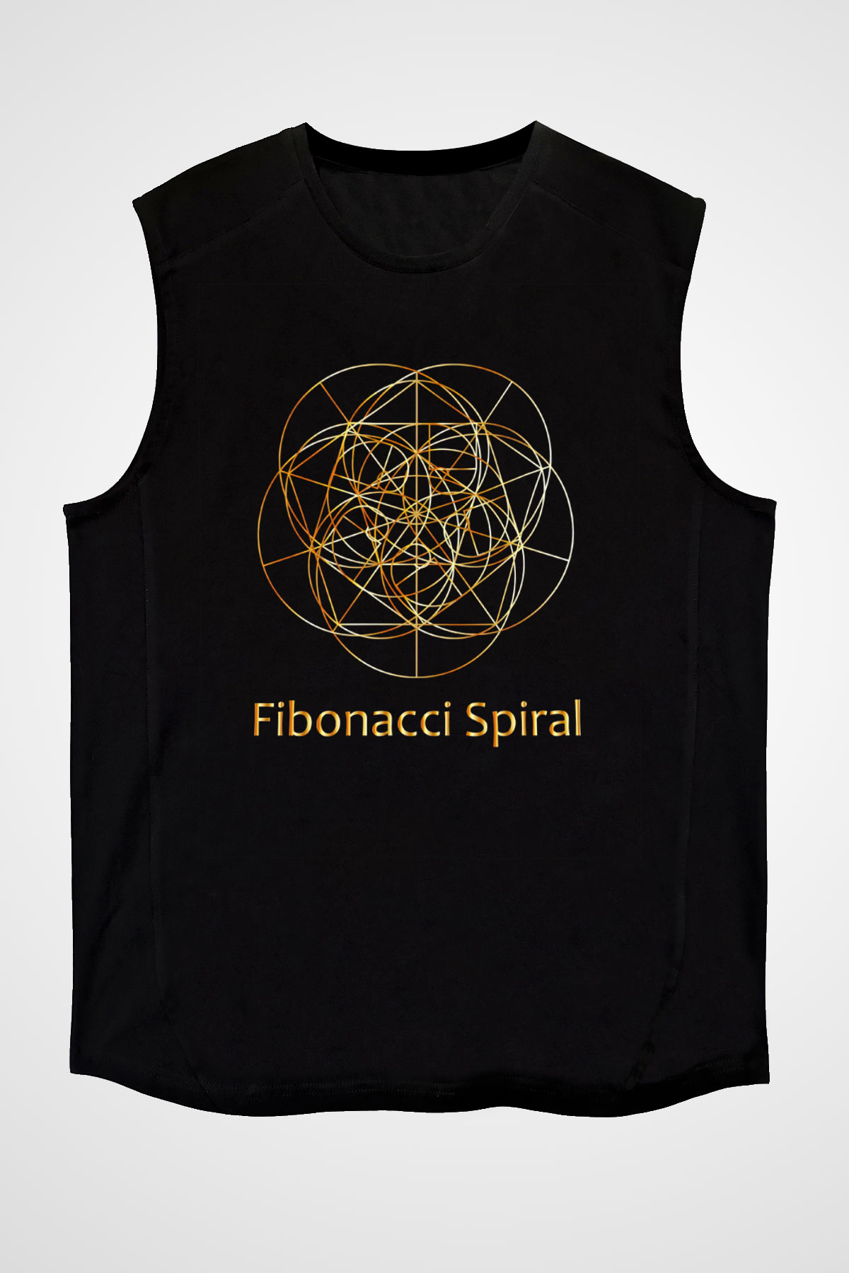 Fibonacci Spirali Baskılı Unisex Kolsuz Siyah Tişört - Tshirt