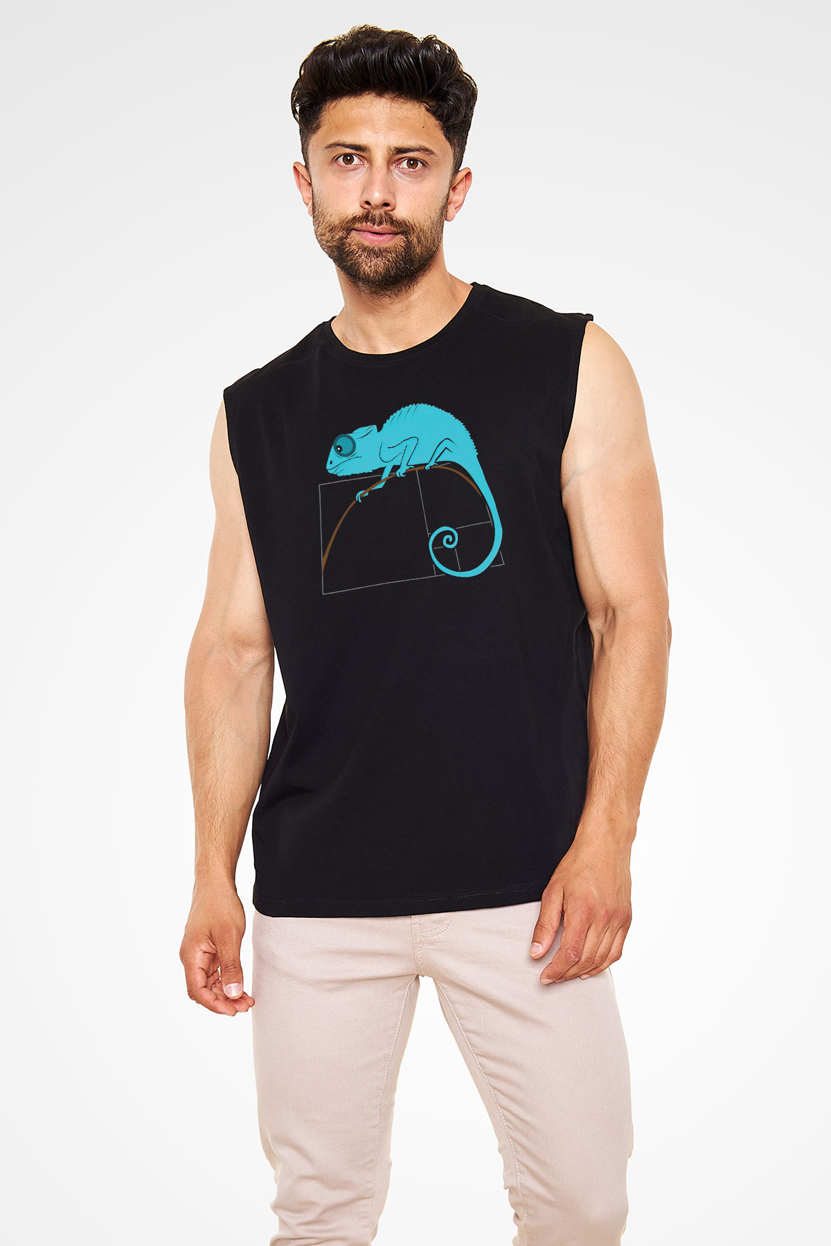 Fibonacci Spirali Bukalemun Baskılı Unisex Kolsuz Siyah Tişört - Tshirt