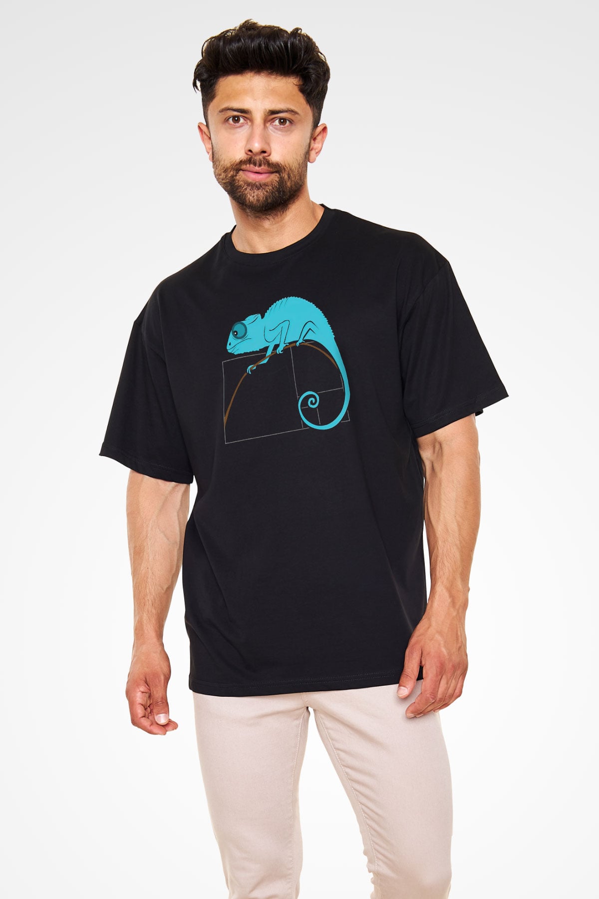 Fibonacci Spirali Bukalemun Baskılı Unisex Oversize Tişört - Tshirt