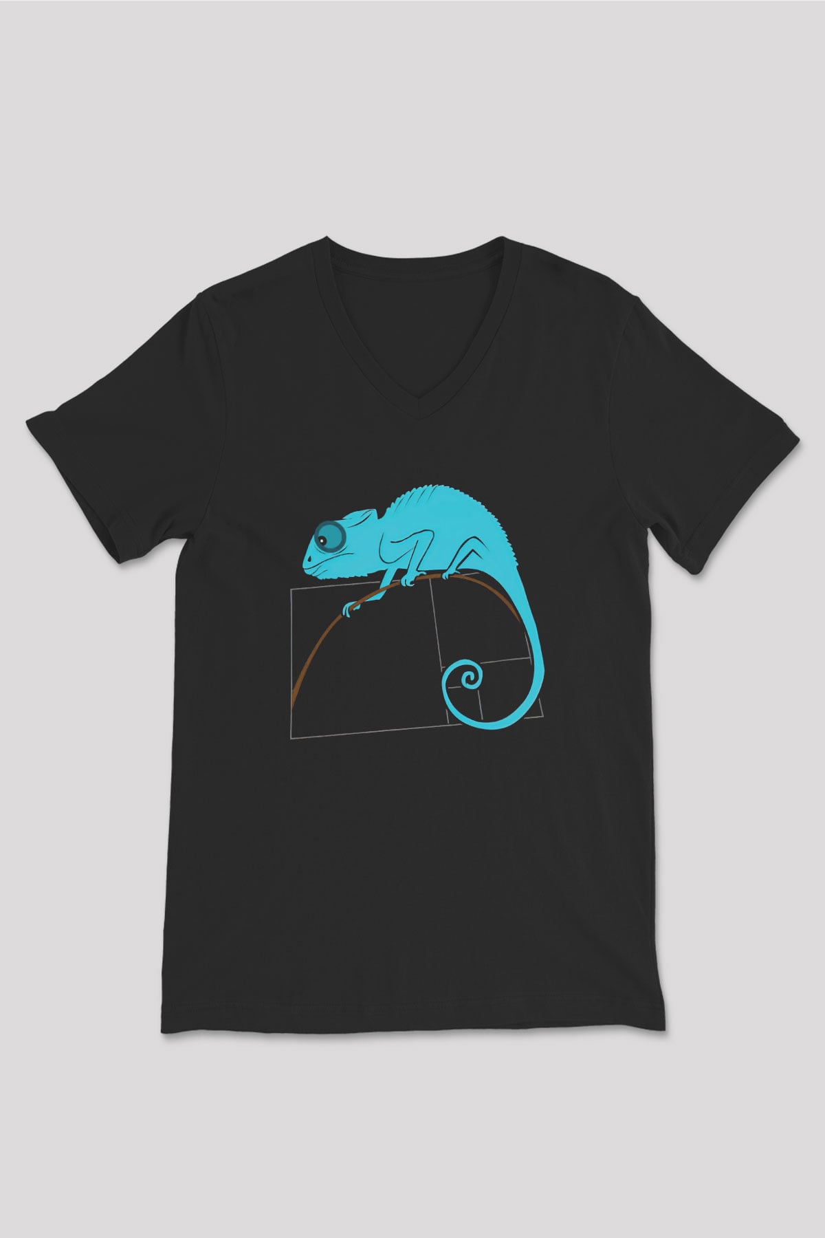 Fibonacci Spirali Bukalemun Baskılı Unisex V Yaka Siyah Tİşört - Tshirt