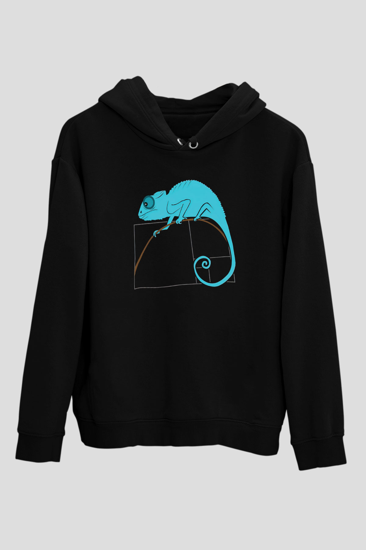 Fibonacci Spirali Bukalemun Baskılı Unisex Siyah Hoodie