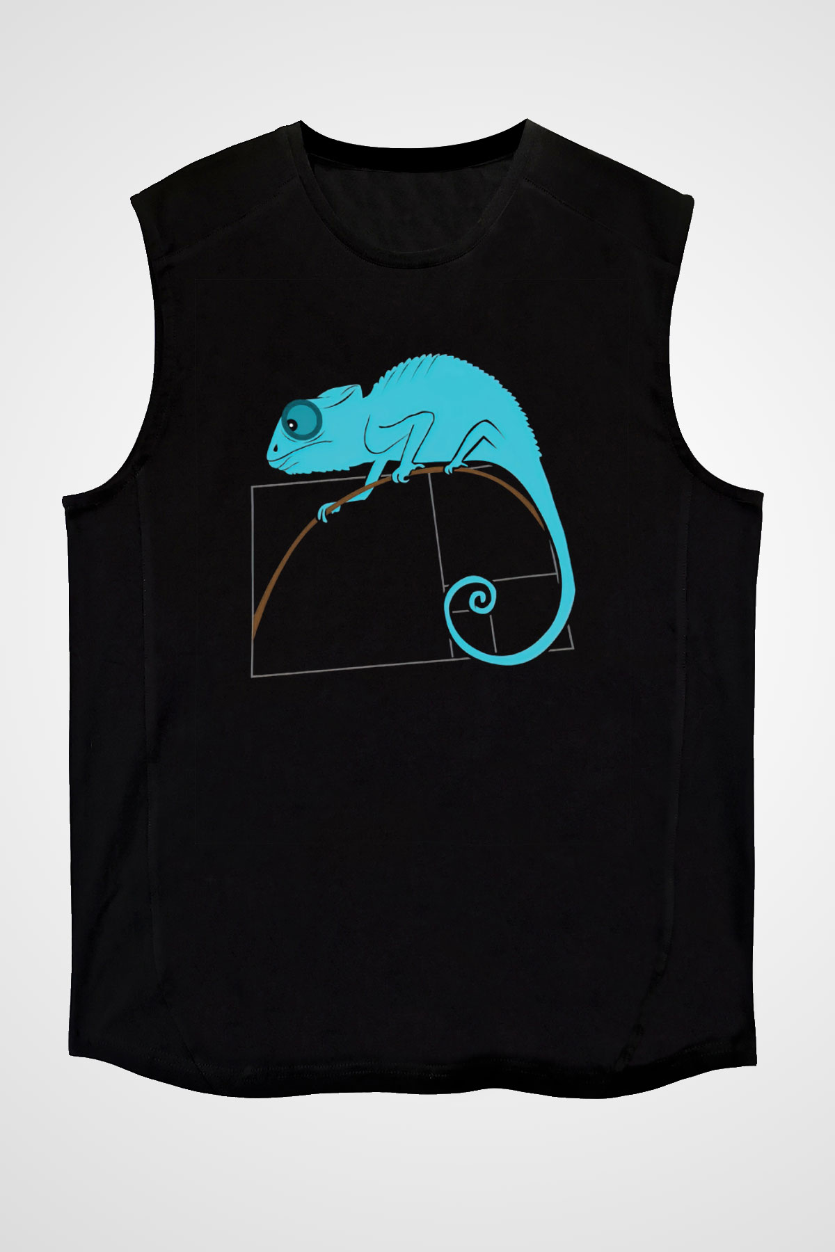 Fibonacci Spirali Bukalemun Baskılı Unisex Kolsuz Siyah Tişört - Tshirt