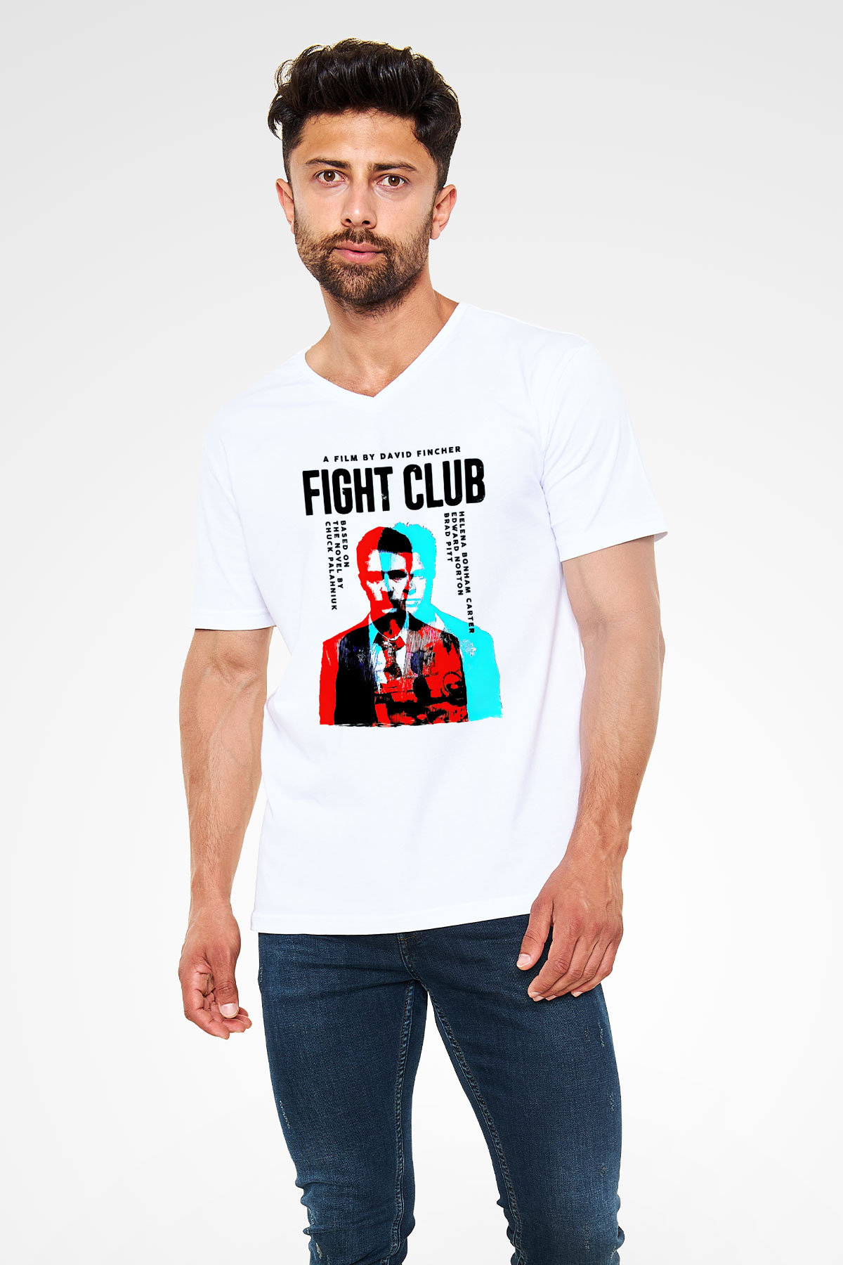 Fight Club Dövüş Klubü Beyaz Unisex  V Yaka Tişört